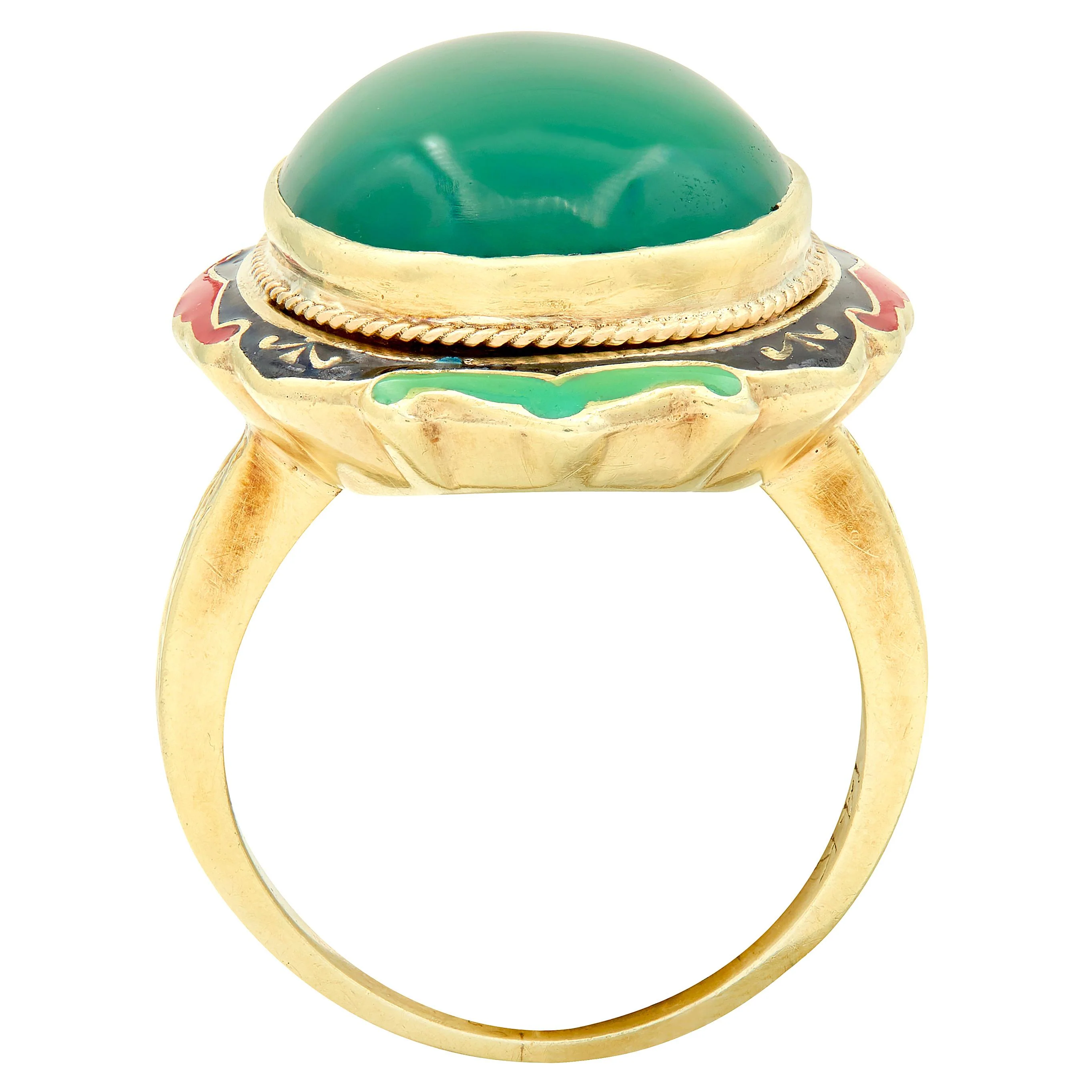Early Art Deco Chalcedony Enamel 14 Karat Yellow Gold Antique Cocktail Ring - Image 6