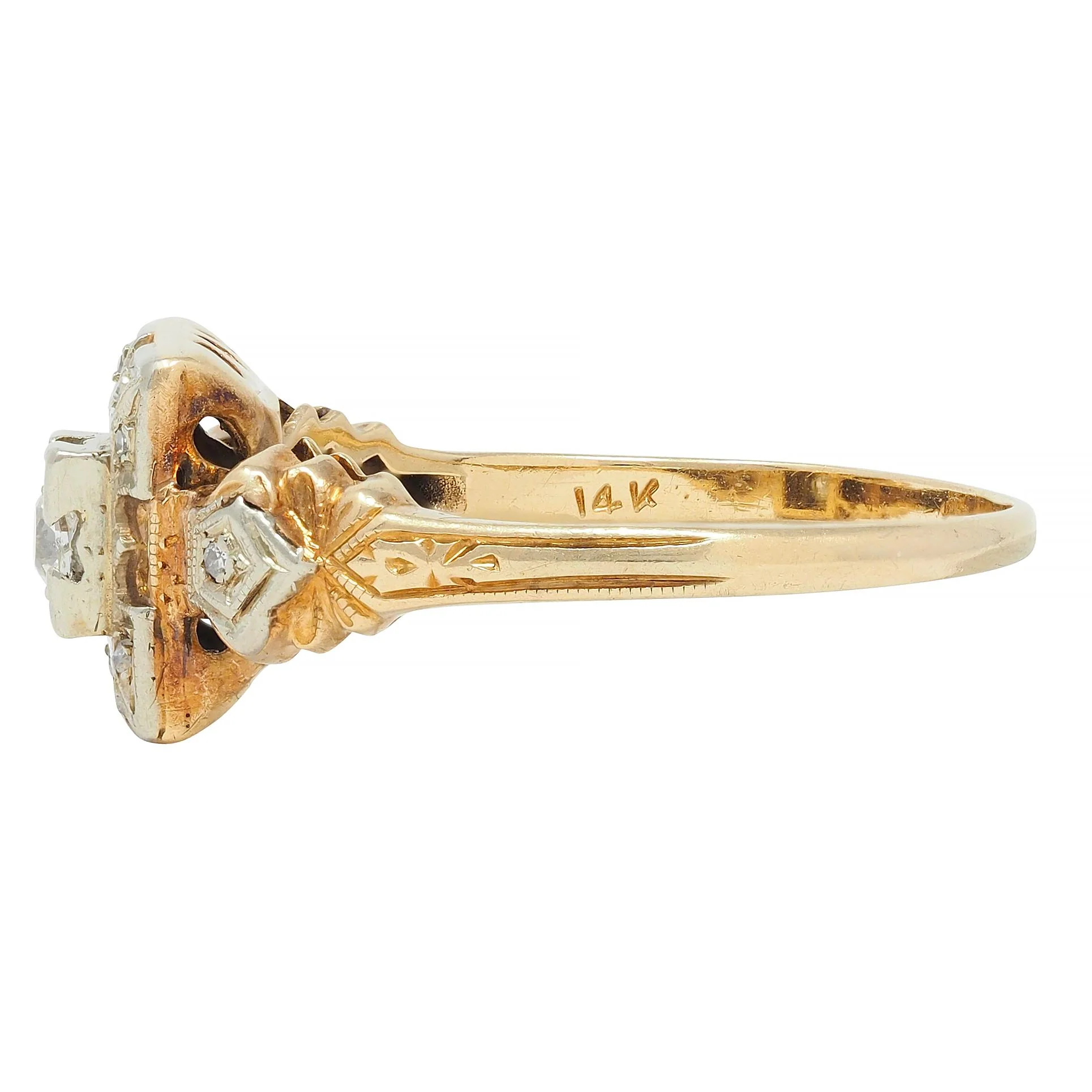 Early Art Deco Diamond 14 Karat Two Tone Square Form Antique Engagement Ring - Image 6