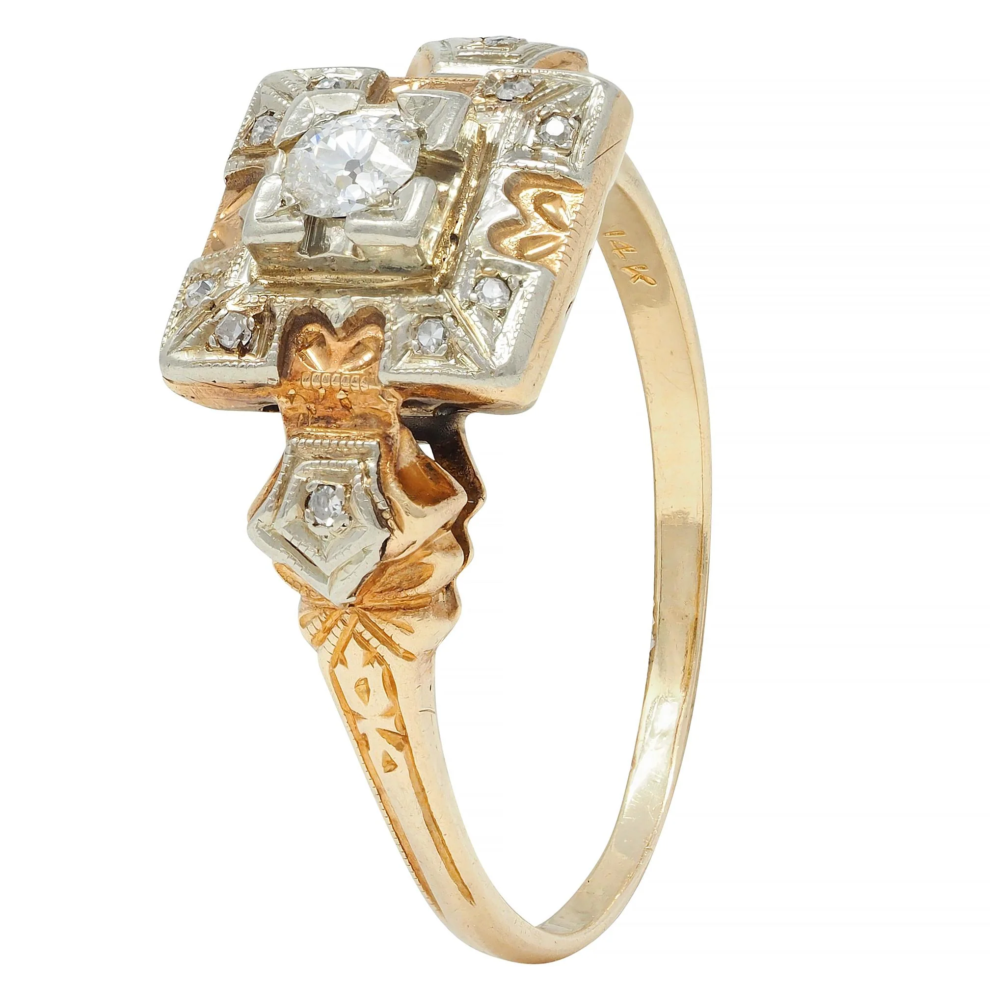 Early Art Deco Diamond 14 Karat Two Tone Square Form Antique Engagement Ring - Image 8