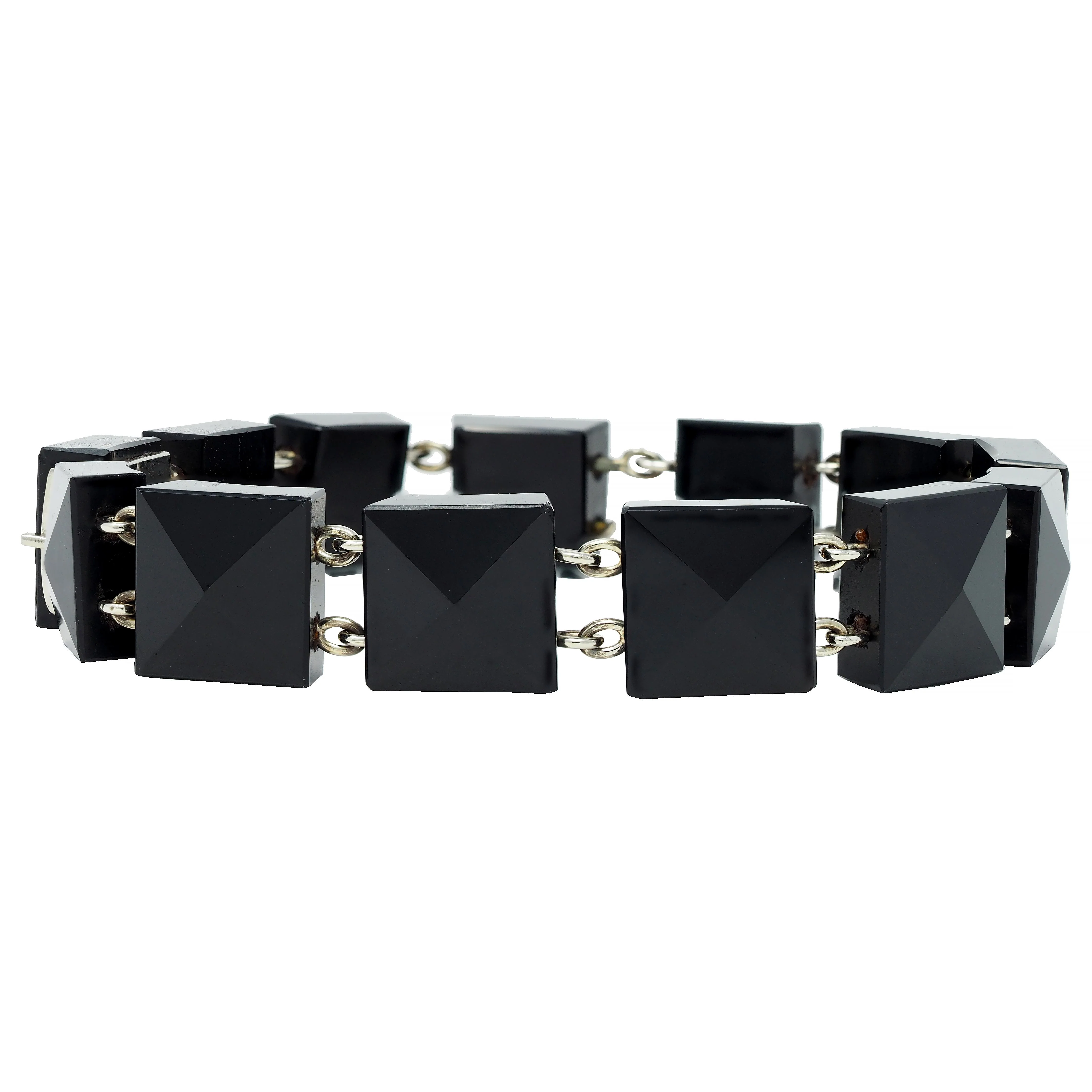 Early Art Deco Faceted Black Onyx 18 Karat White Gold Pyramid Link Antique Bracelet - Image 3