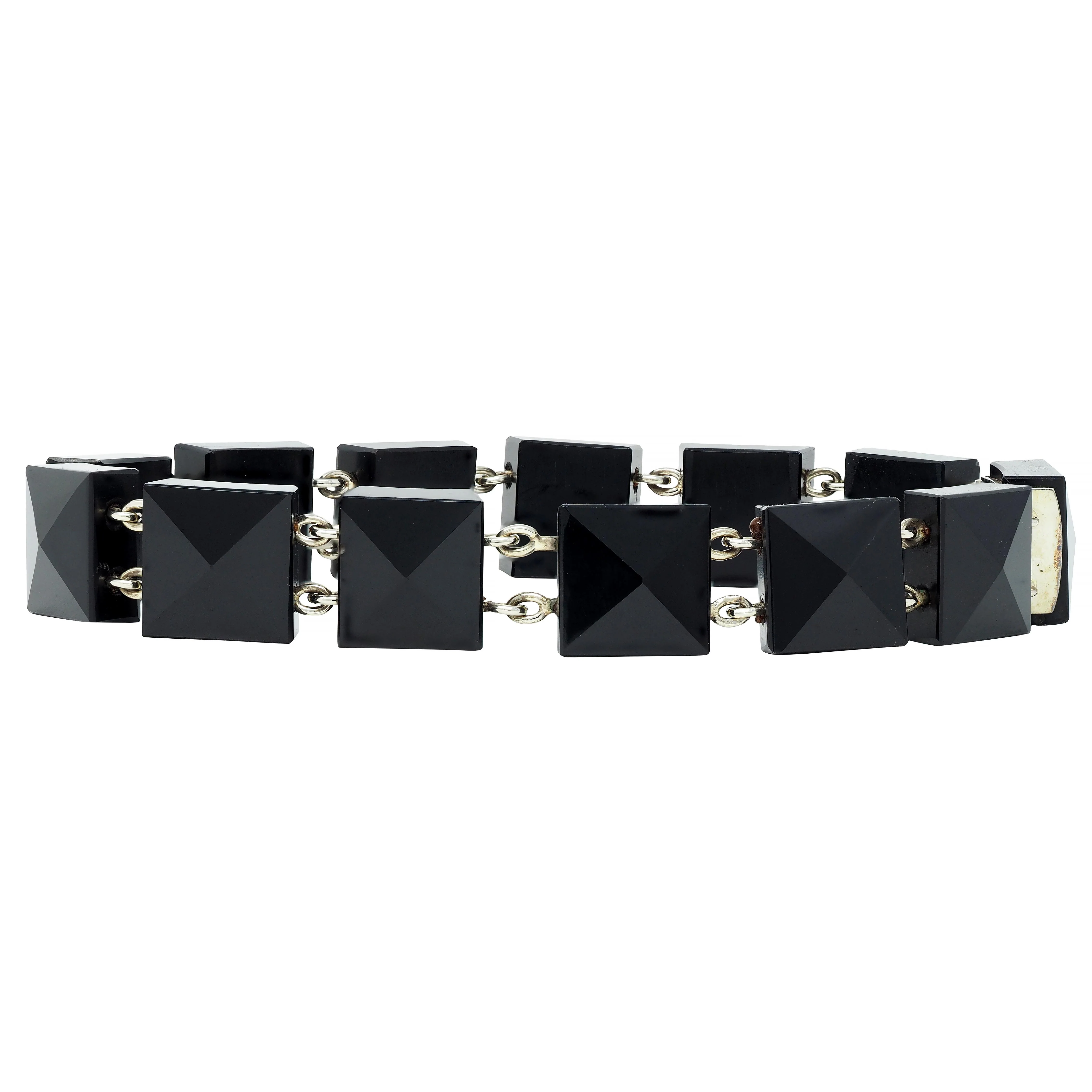 Early Art Deco Faceted Black Onyx 18 Karat White Gold Pyramid Link Antique Bracelet - Image 5