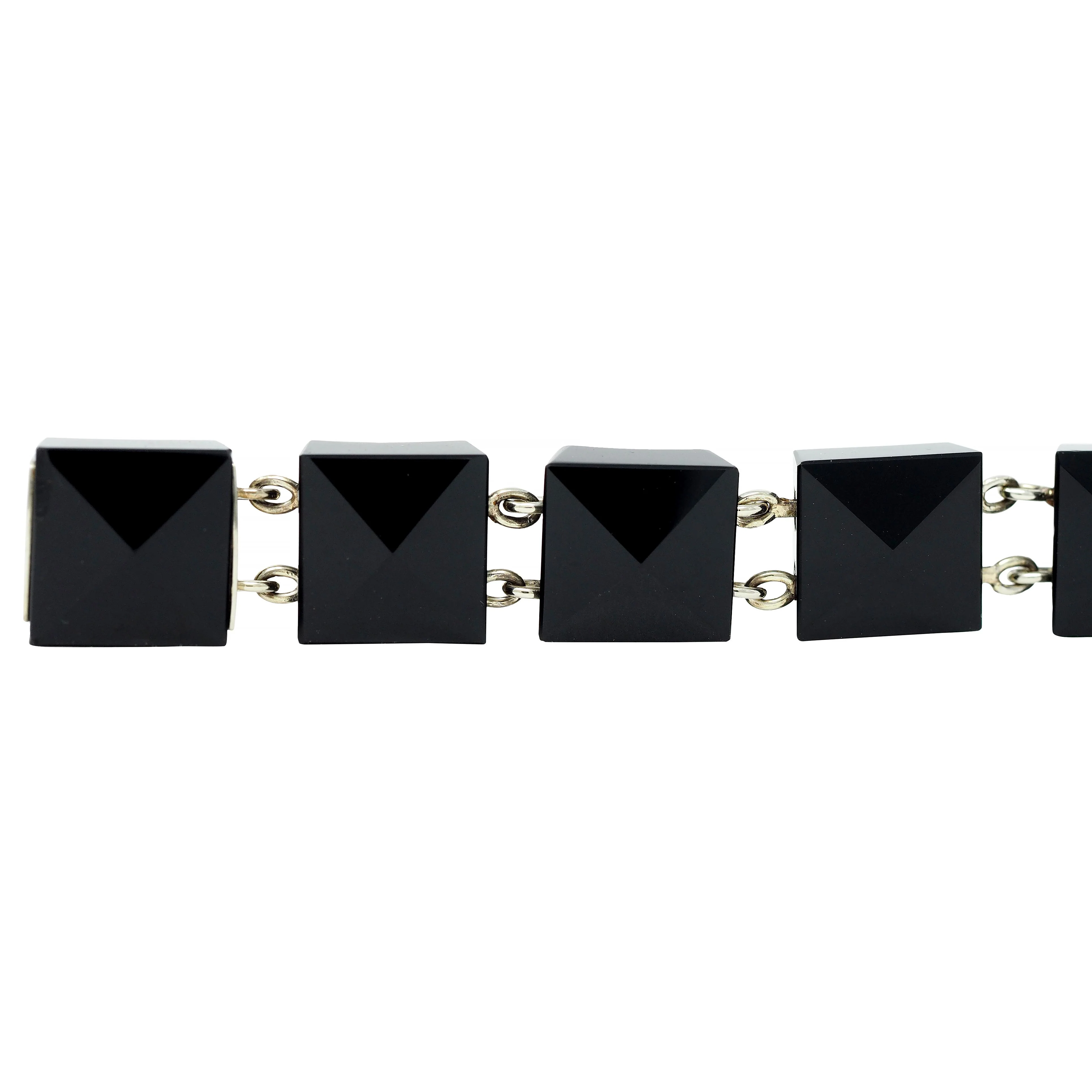 Early Art Deco Faceted Black Onyx 18 Karat White Gold Pyramid Link Antique Bracelet - Image 6