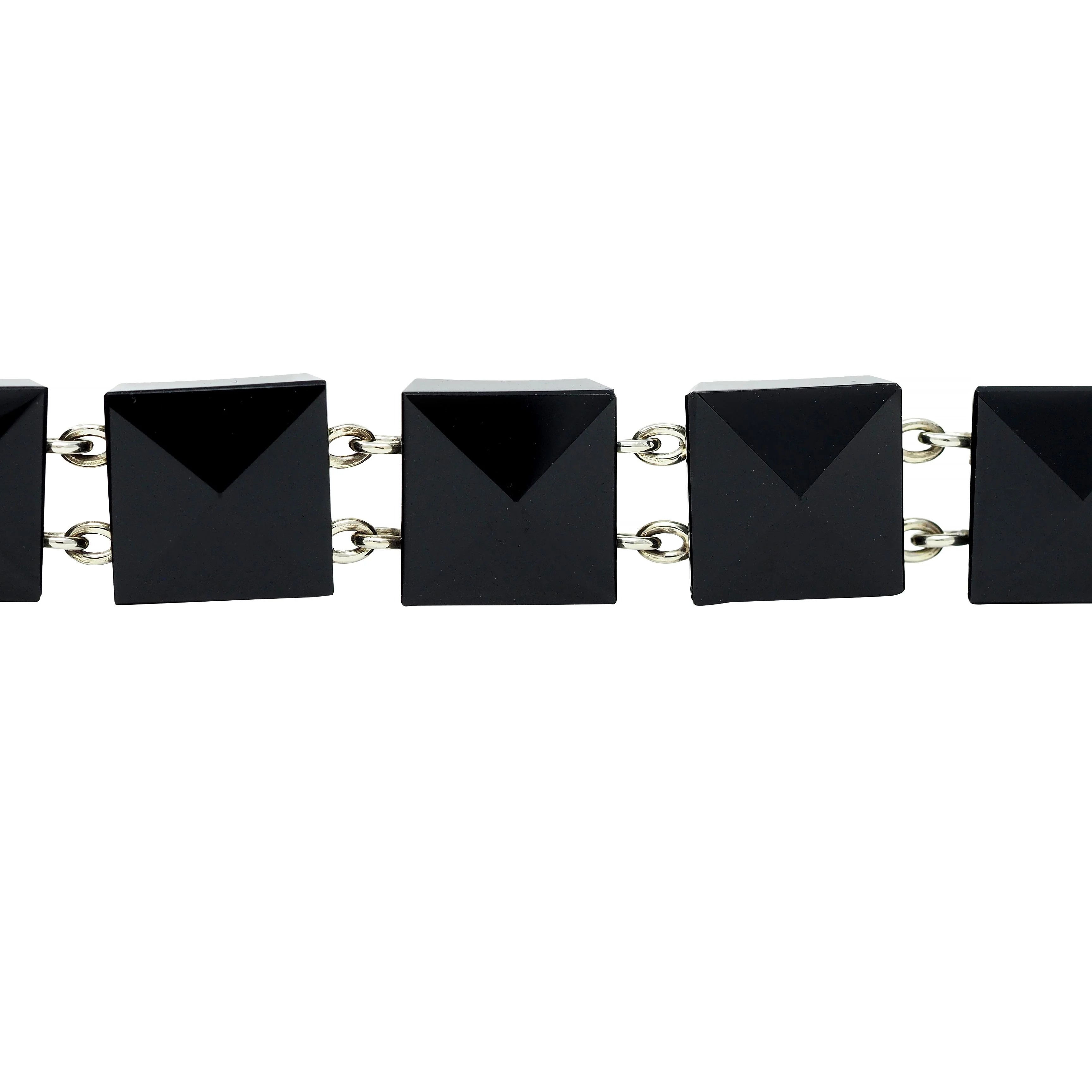 Early Art Deco Faceted Black Onyx 18 Karat White Gold Pyramid Link Antique Bracelet - Image 7