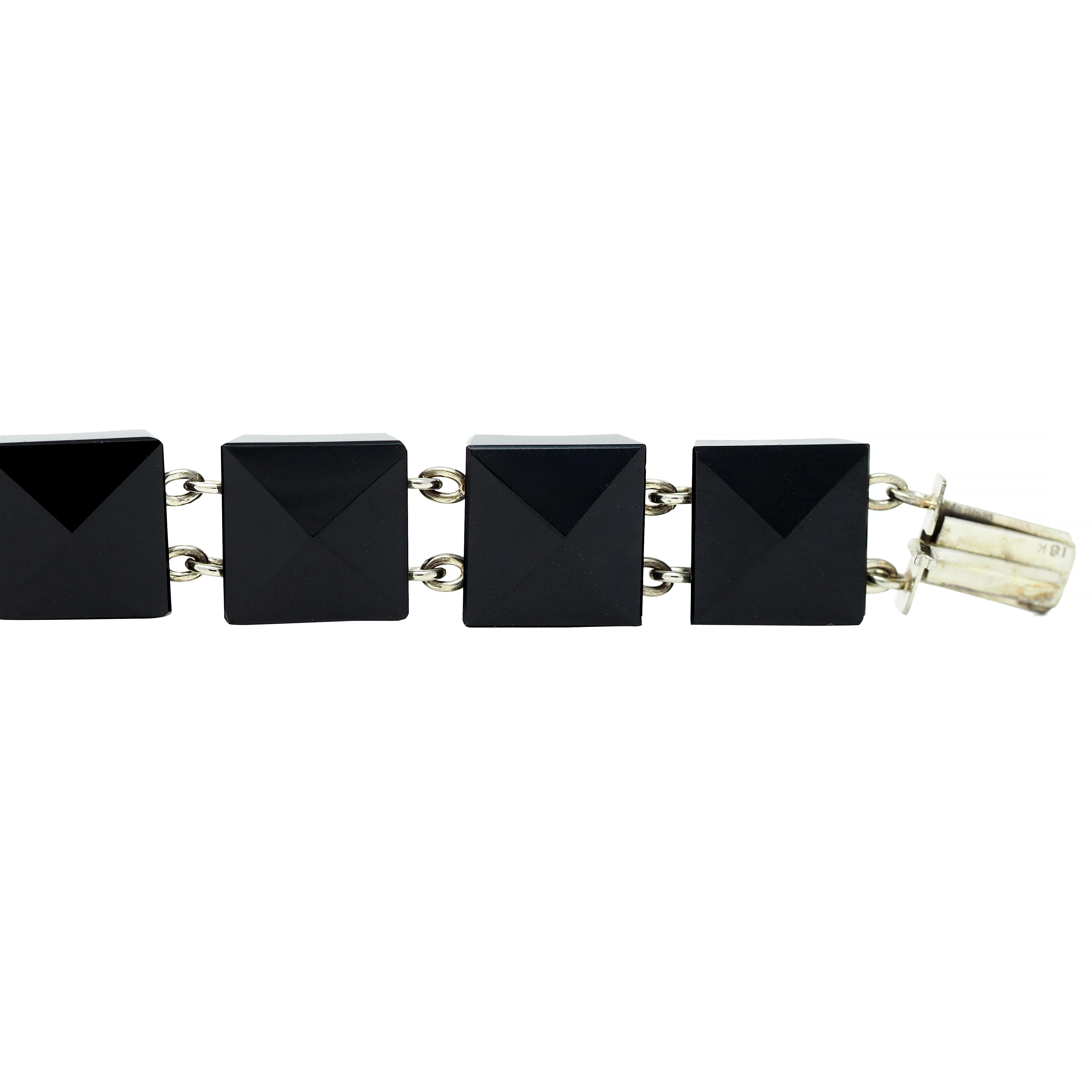 Early Art Deco Faceted Black Onyx 18 Karat White Gold Pyramid Link Antique Bracelet - Image 9