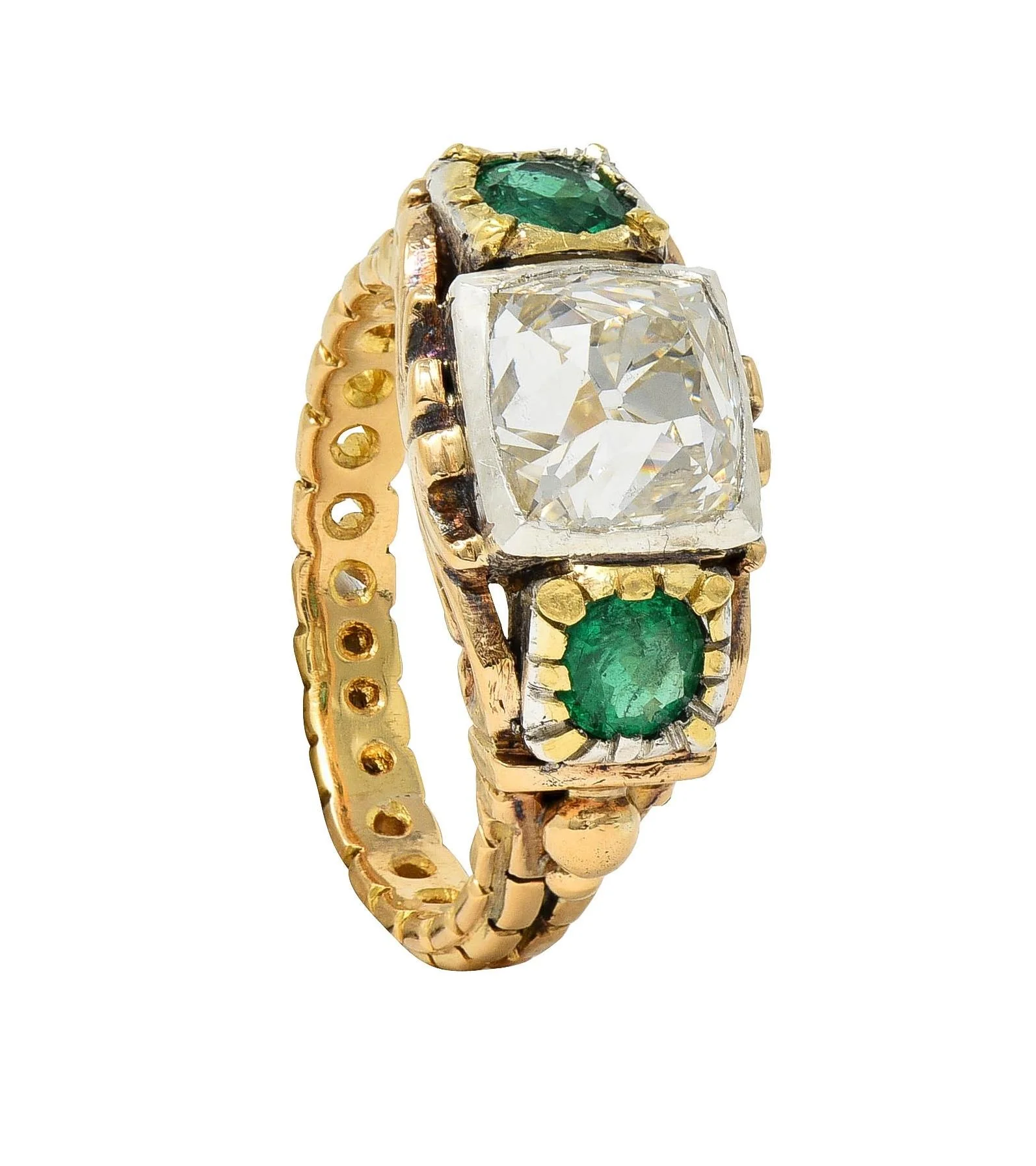 Early Victorian 3.92 CTW Peruzzi Cut Diamond Emerald 18 Karat Gold Silver Antique Ring - Image 12