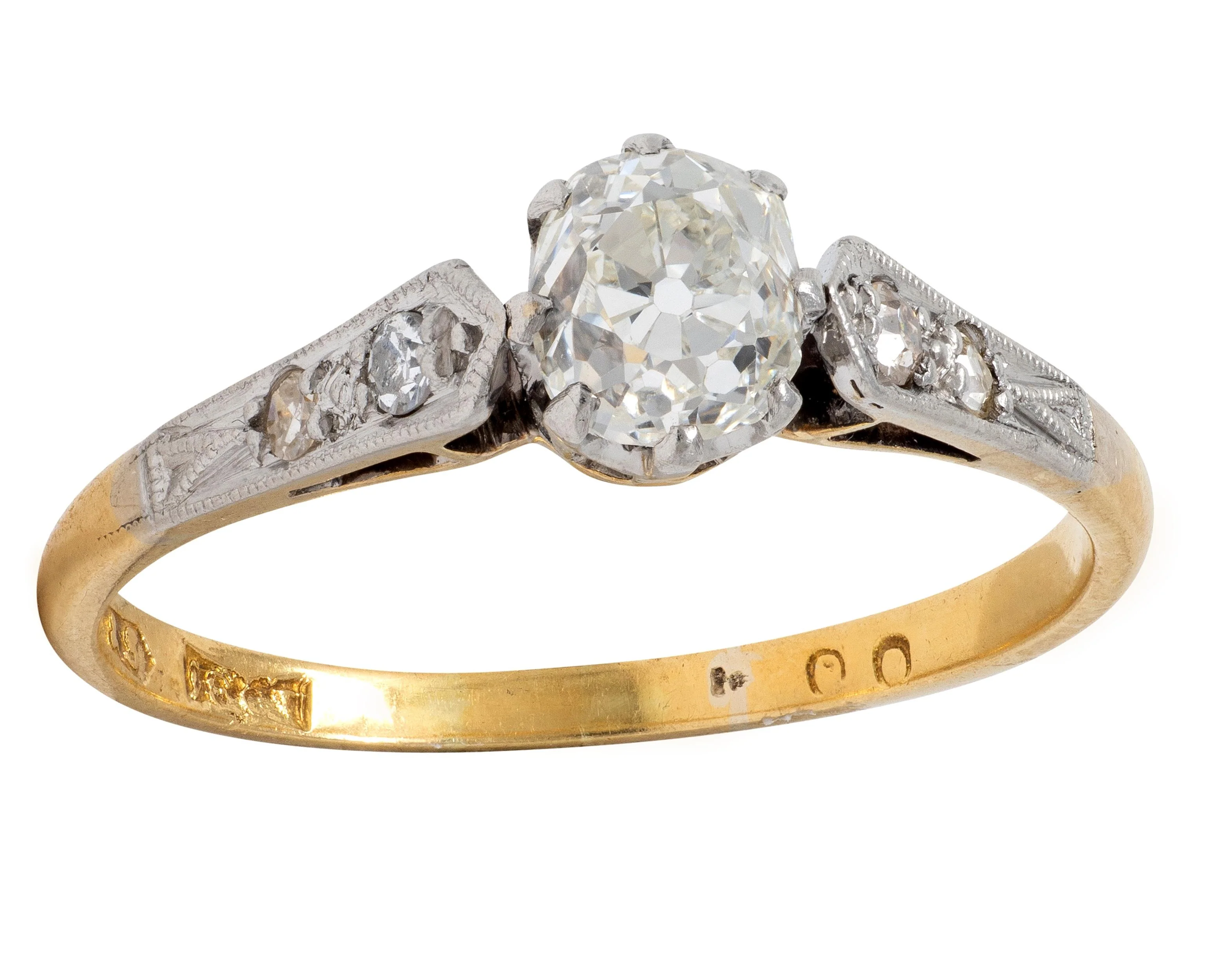 Edwardian 0.62 CTW Old Mine Diamond Platinum 18 Karat Yellow Gold Antique Engagement Ring - Image 11