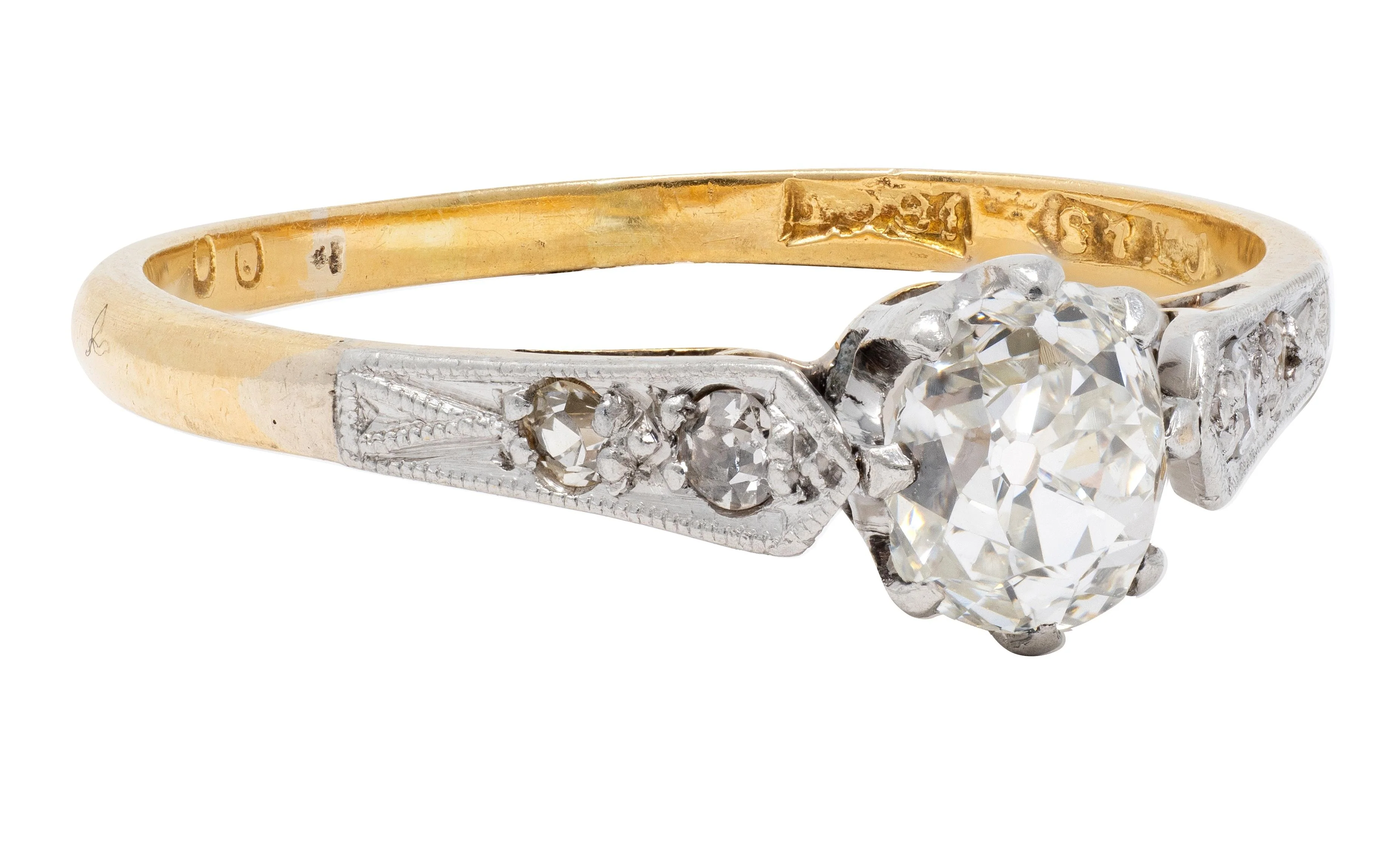 Edwardian 0.62 CTW Old Mine Diamond Platinum 18 Karat Yellow Gold Antique Engagement Ring - Image 4