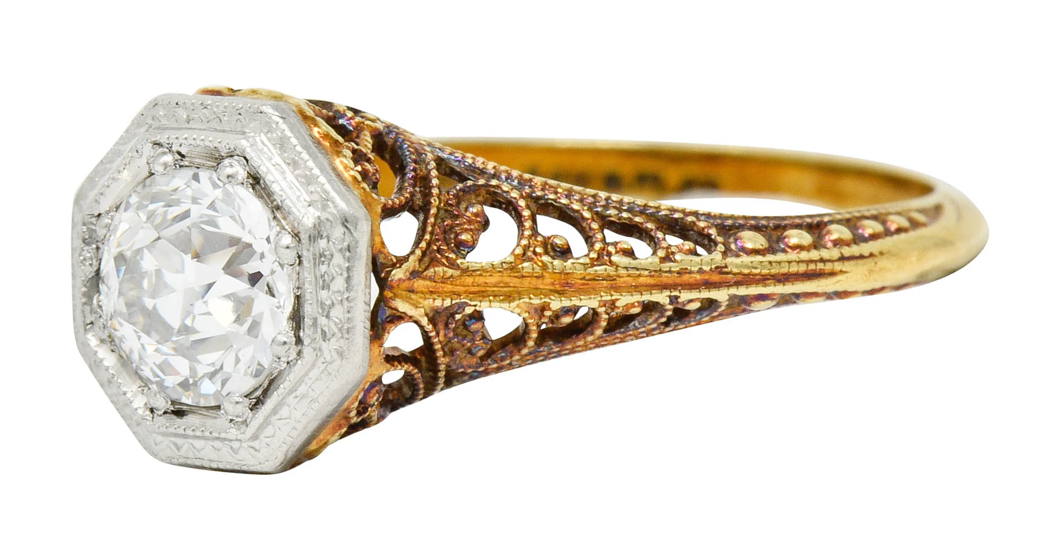 Edwardian 0.64 CTW Diamond Platinum-Topped 14 Karat Gold Filigree Engagement Ring - Image 6