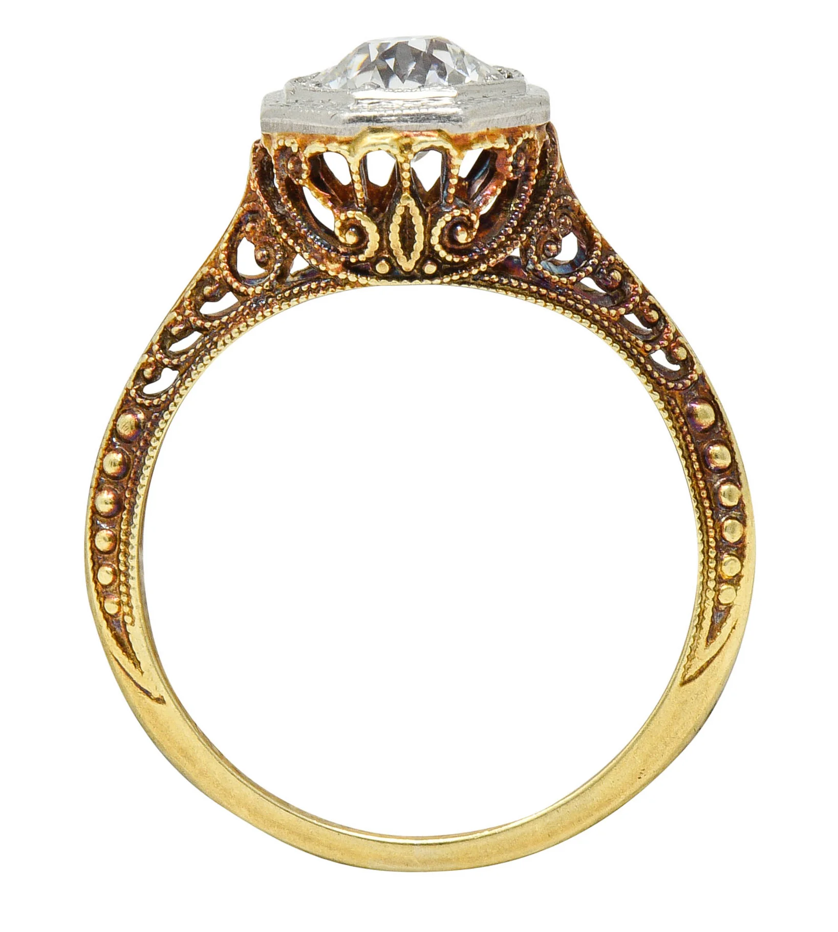 Edwardian 0.64 CTW Diamond Platinum-Topped 14 Karat Gold Filigree Engagement Ring - Image 8