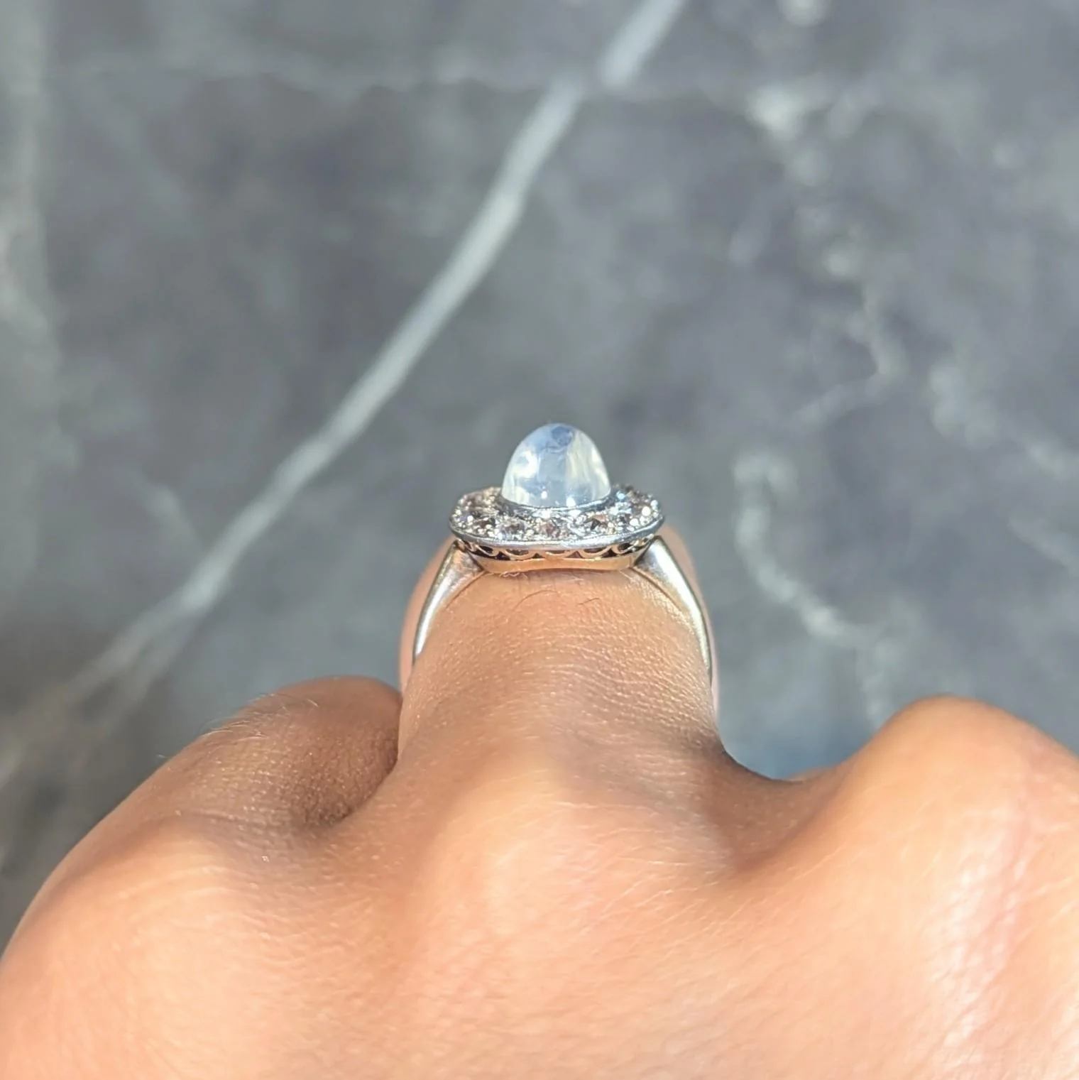 Edwardian 1.12 CTW Moonstone Diamond Platinum 14 Karat Gold Antique Halo Ring - Image 13
