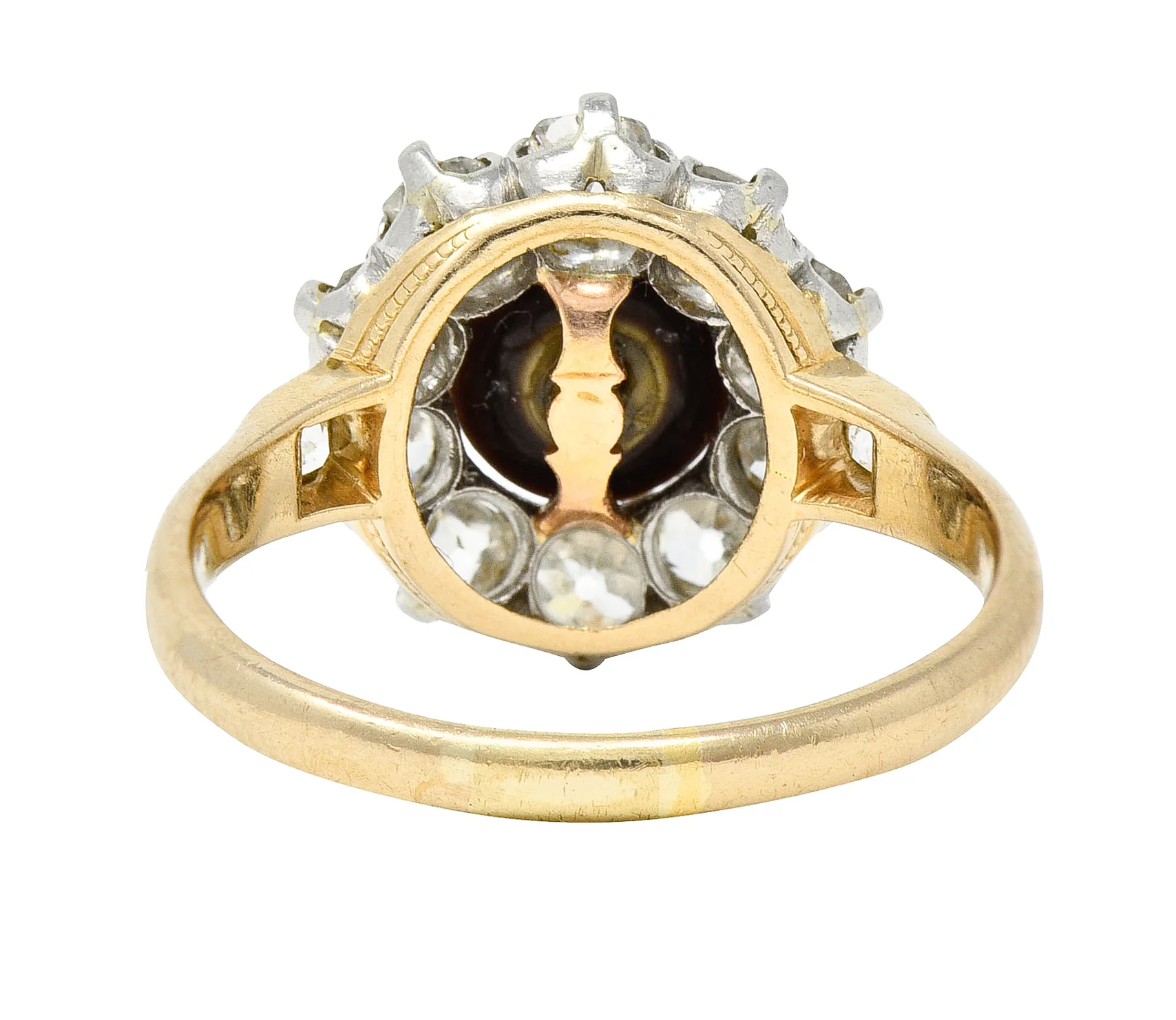 Edwardian 1.40 CTW Old Mine Cut Diamond Natural Pearl Platinum-Topped 14 Karat Yellow Gold Antique Cluster Ring - Image 4