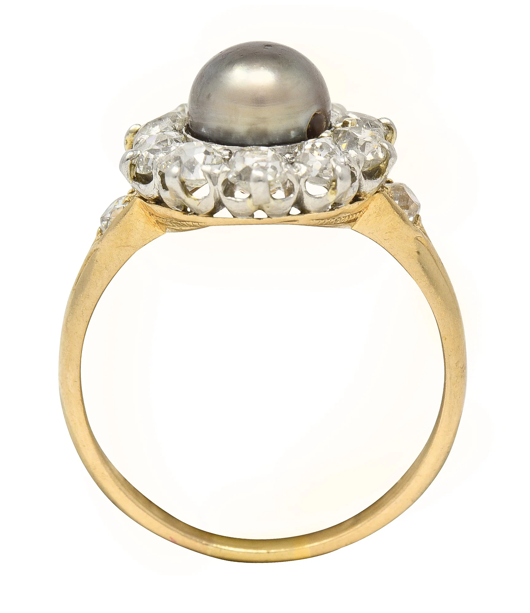 Edwardian 1.40 CTW Old Mine Cut Diamond Natural Pearl Platinum-Topped 14 Karat Yellow Gold Antique Cluster Ring - Image 9