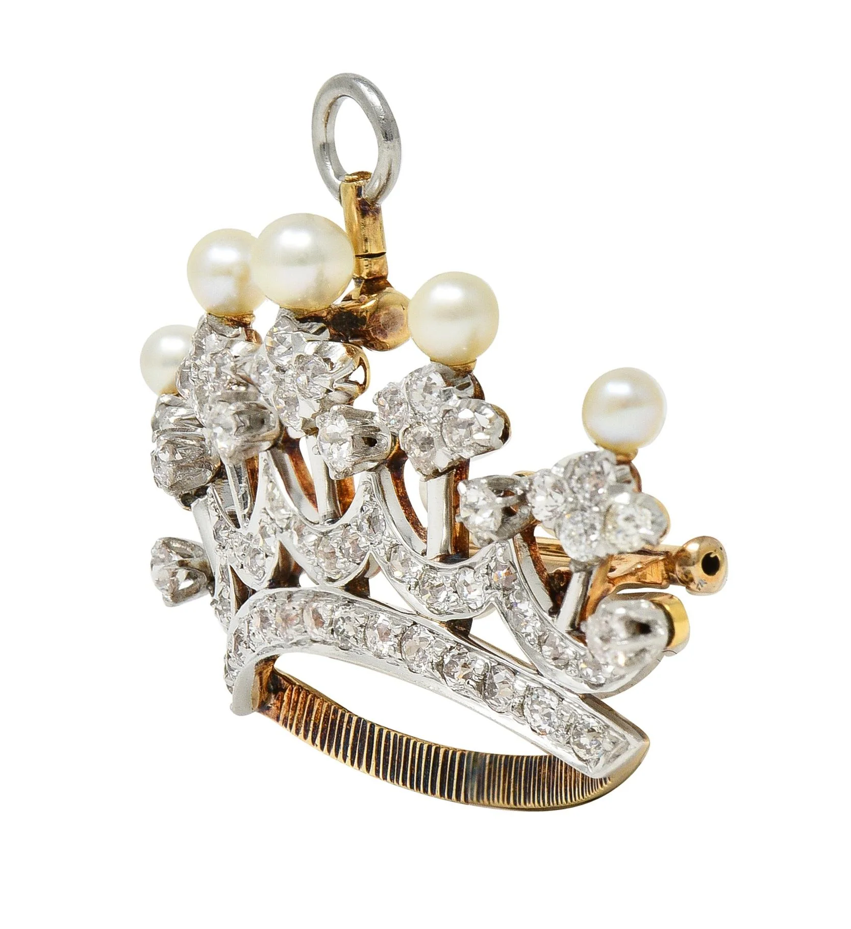 Edwardian 1.45 CTW Diamond Pearl Platinum 14 Karat Gold Crown Pendant Brooch - Image 3