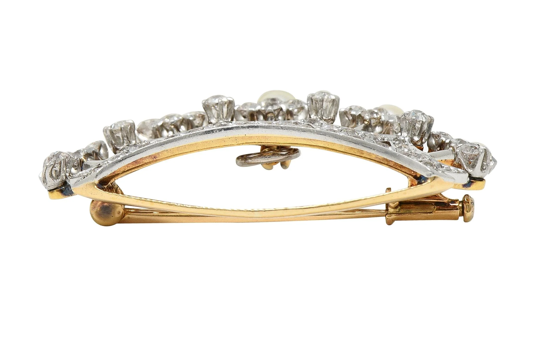 Edwardian 1.45 CTW Diamond Pearl Platinum 14 Karat Gold Crown Pendant Brooch - Image 9