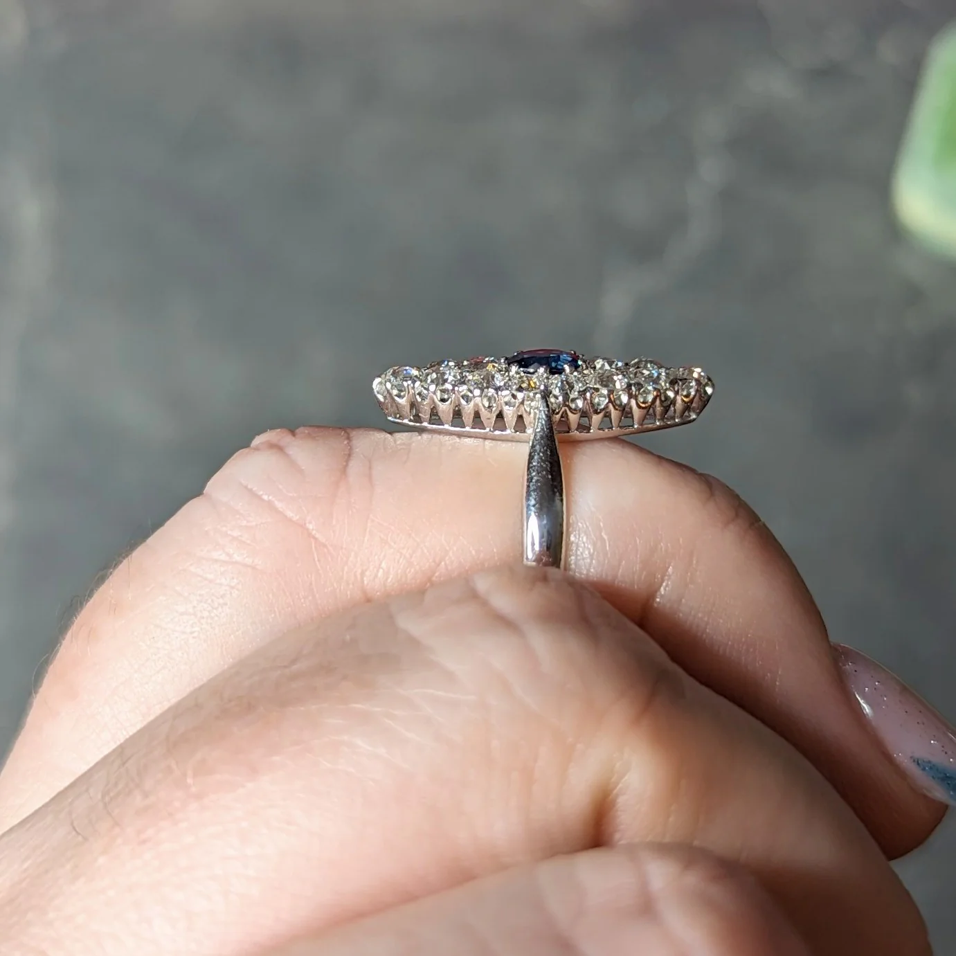 Edwardian 1.56 CTW Cushion Cut Sapphire Old Mine Cut Diamond 14 Karat White Gold Antique Navette Dinner Ring - Image 10