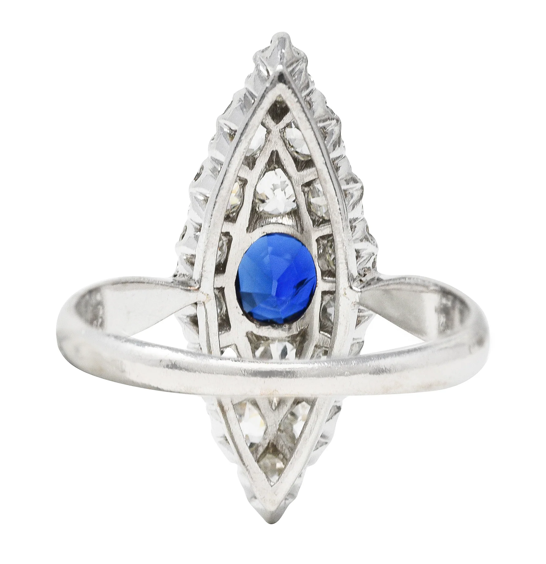 Edwardian 1.56 CTW Cushion Cut Sapphire Old Mine Cut Diamond 14 Karat White Gold Antique Navette Dinner Ring - Image 4