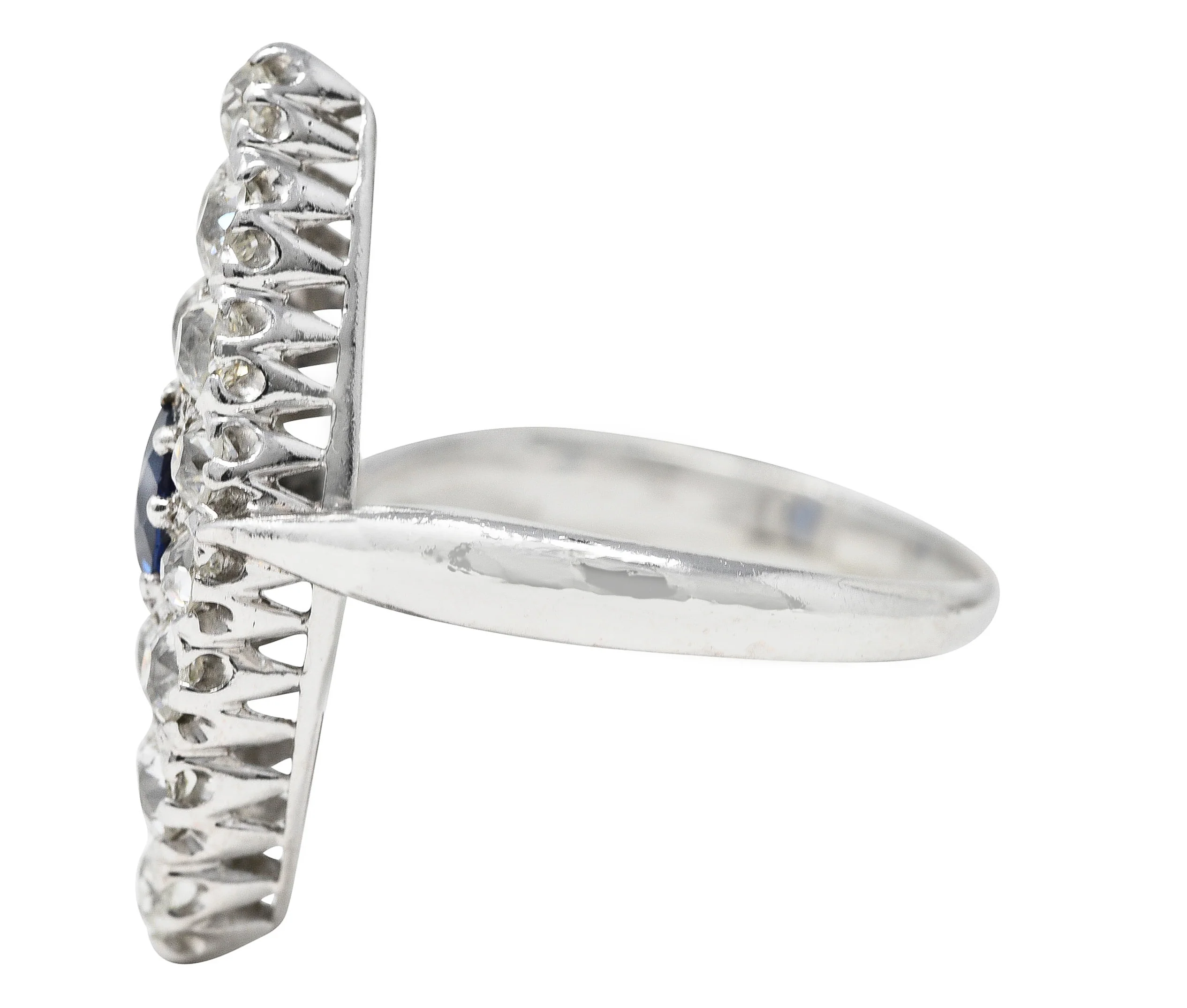 Edwardian 1.56 CTW Cushion Cut Sapphire Old Mine Cut Diamond 14 Karat White Gold Antique Navette Dinner Ring - Image 5