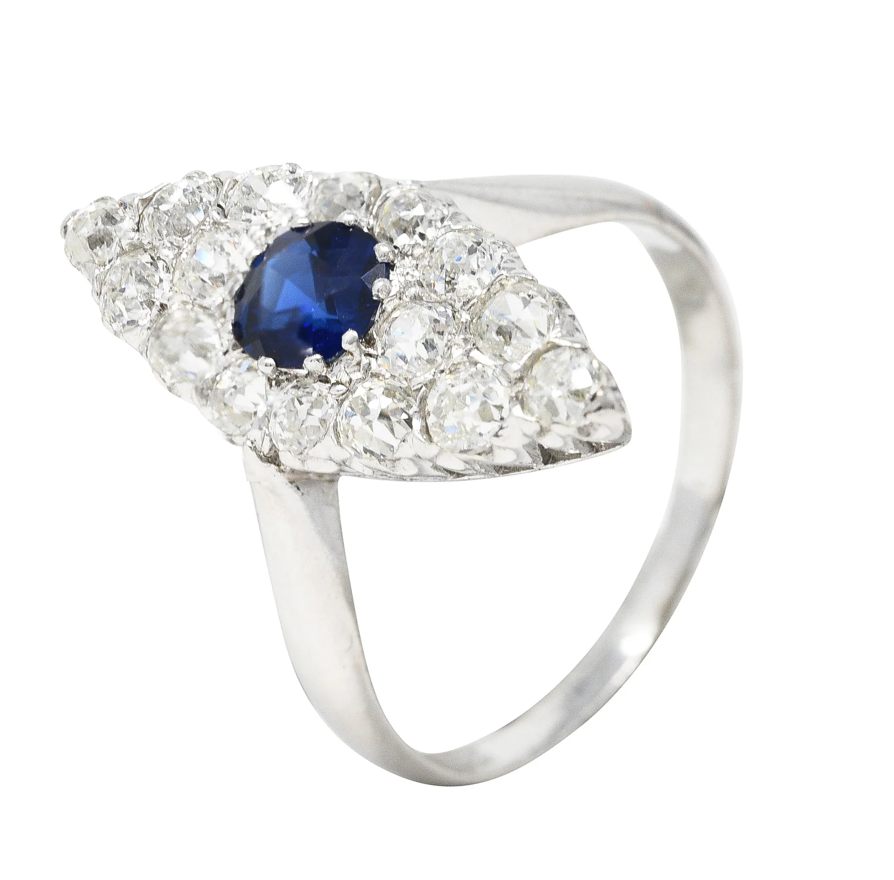 Edwardian 1.56 CTW Cushion Cut Sapphire Old Mine Cut Diamond 14 Karat White Gold Antique Navette Dinner Ring - Image 9