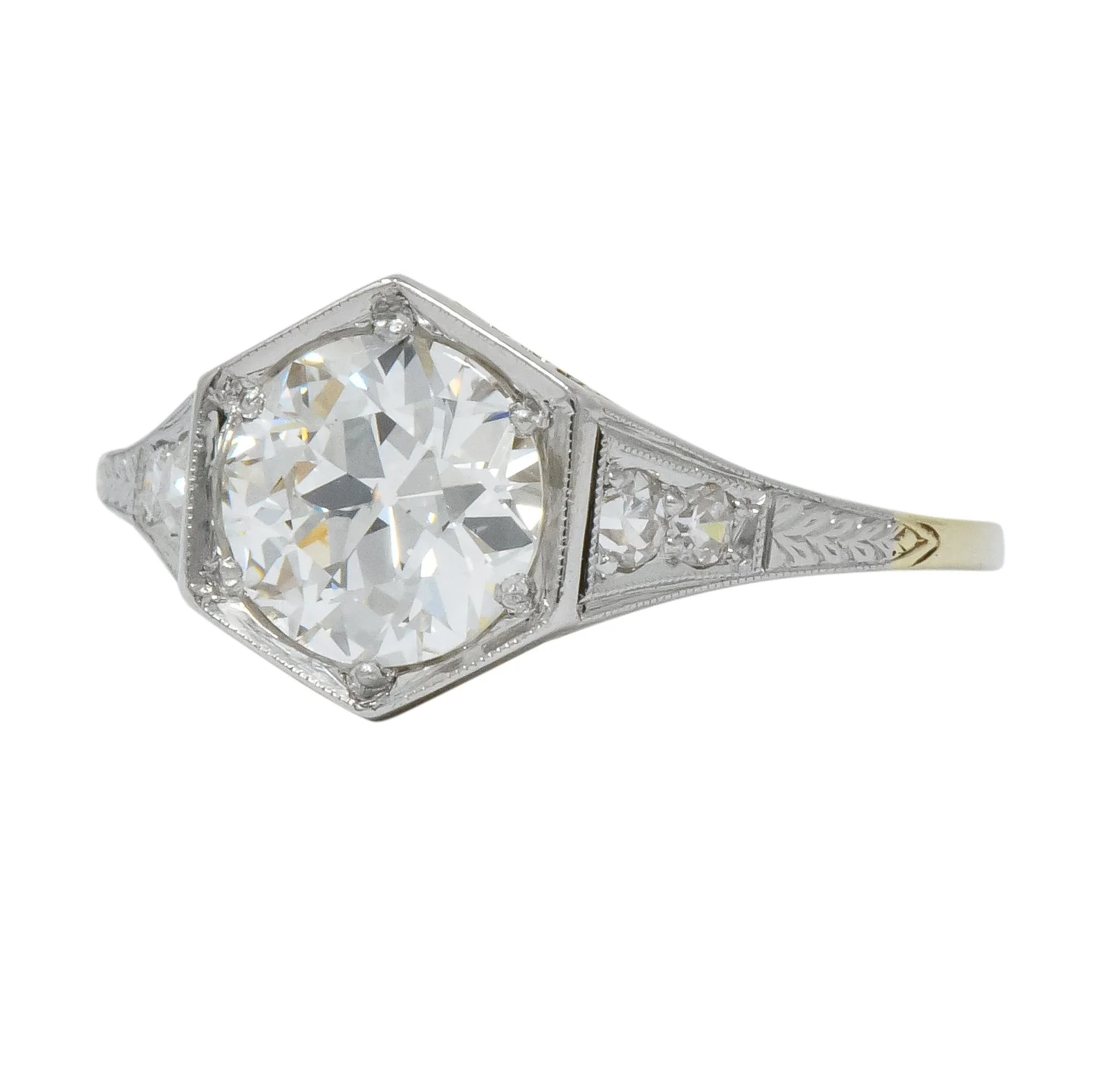 Edwardian 1.61 CTW Diamond Platinum-Topped 14 Karat Gold Engagement Ring GIA - Image 3