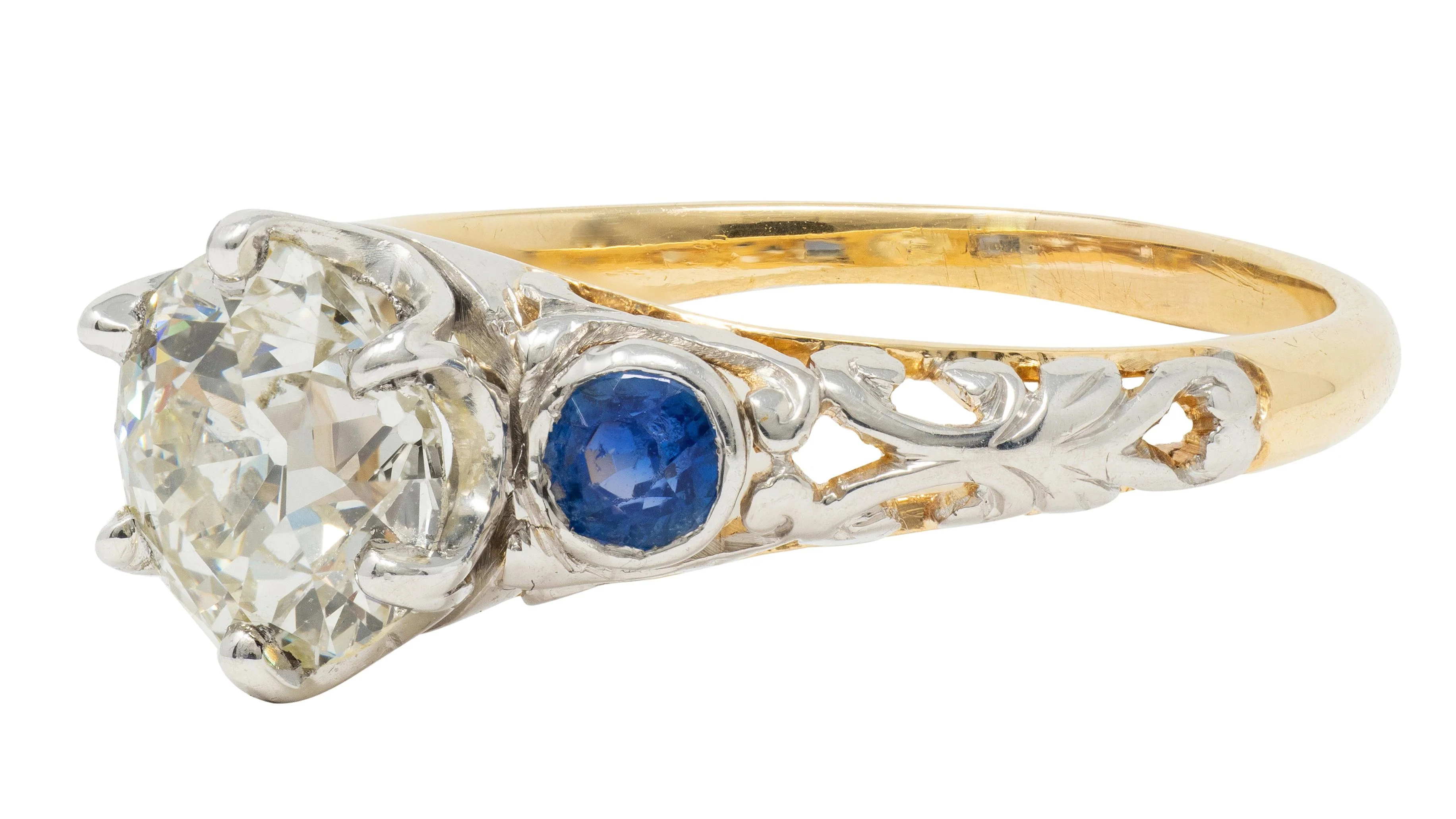 Edwardian 1.70 CTW Diamond Sapphire Platinum 18 Karat Yellow Gold Antique Engagement Ring - Image 6