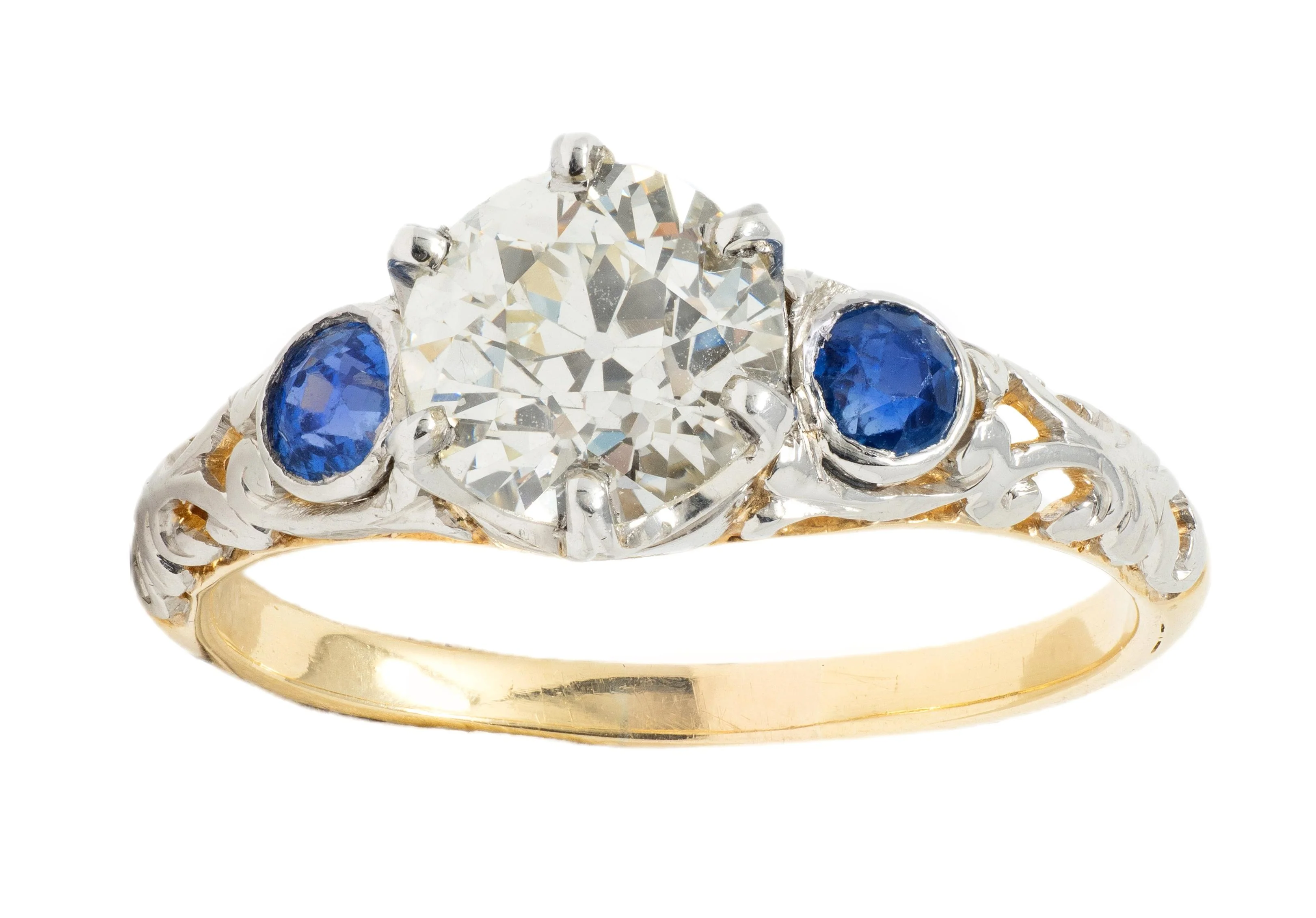Edwardian 1.70 CTW Diamond Sapphire Platinum 18 Karat Yellow Gold Antique Engagement Ring - Image 7