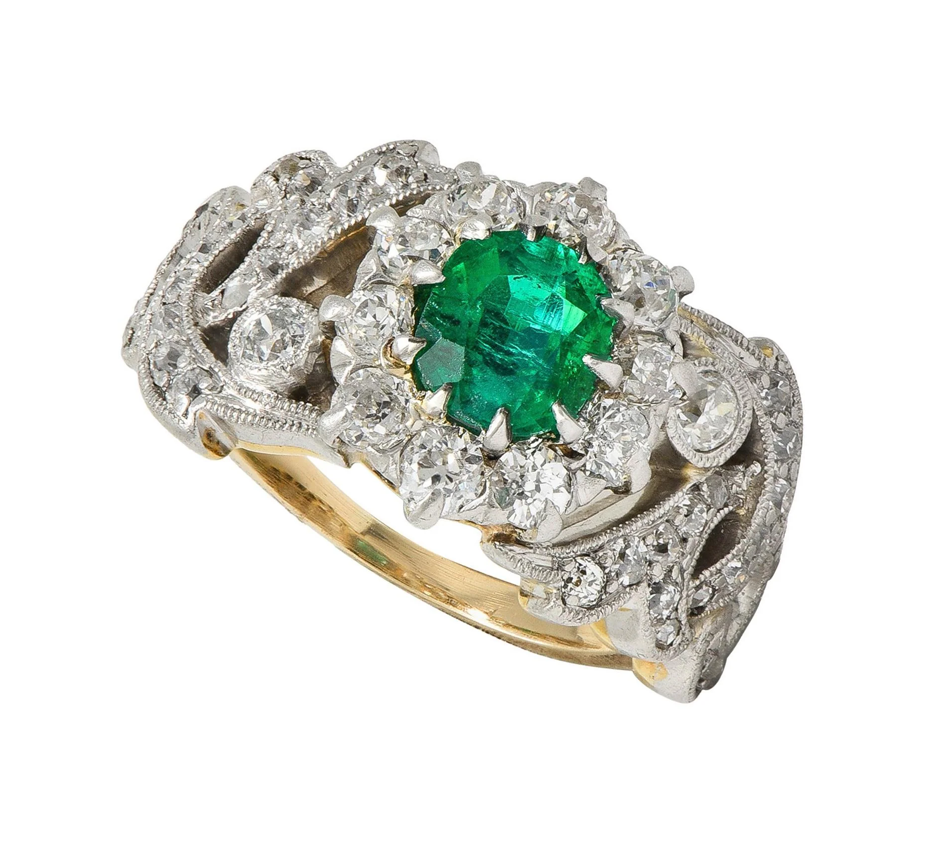 Edwardian 1.85 CTW Emerald Diamond Platinum 14 Karat Yellow Gold Scrolling Antique Halo Ring - Image 8