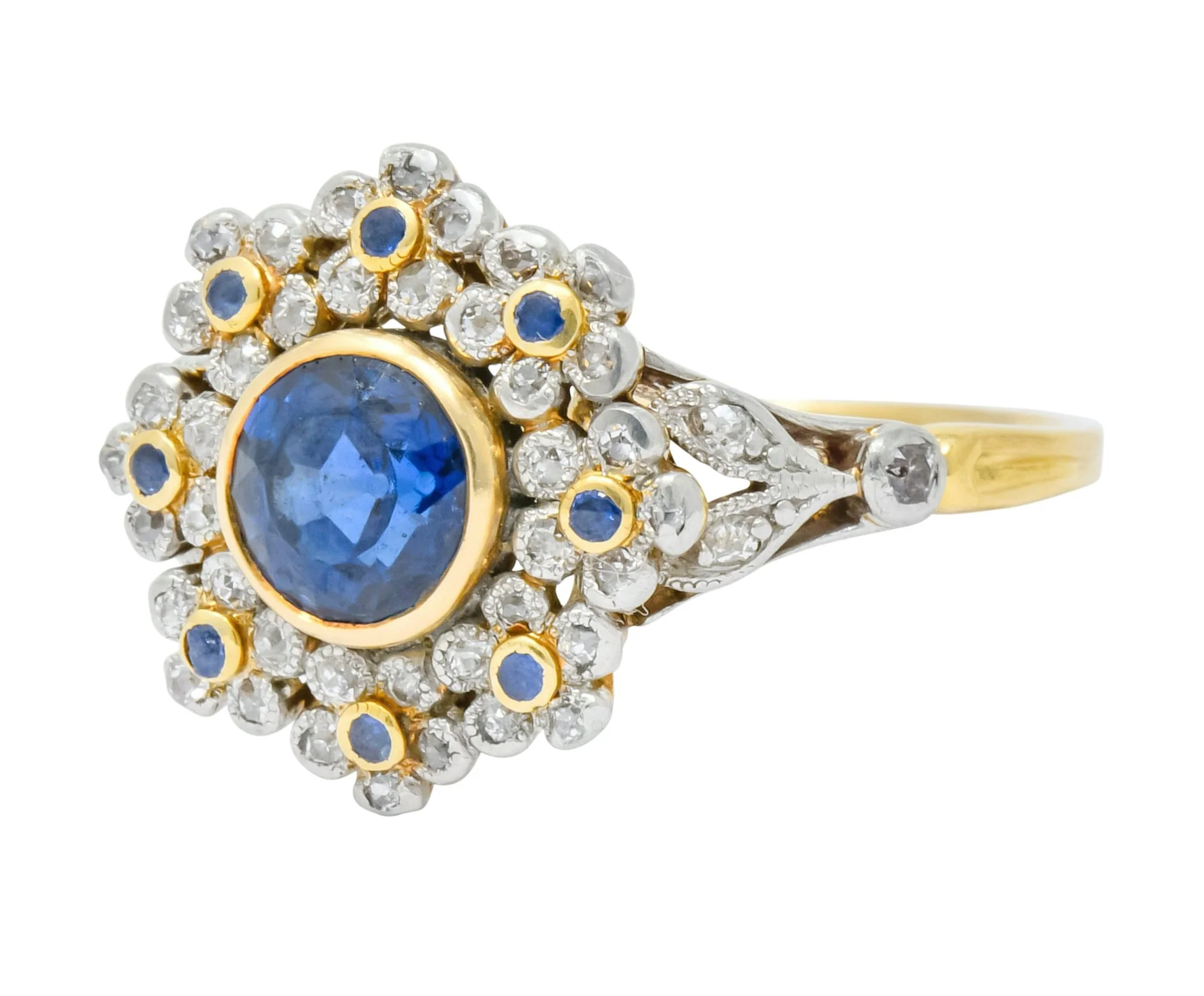 Edwardian 1.85 CTW No Heat Sapphire Diamond Platinum 18 Karat Gold Floral Cluster Ring GIA - Image 6