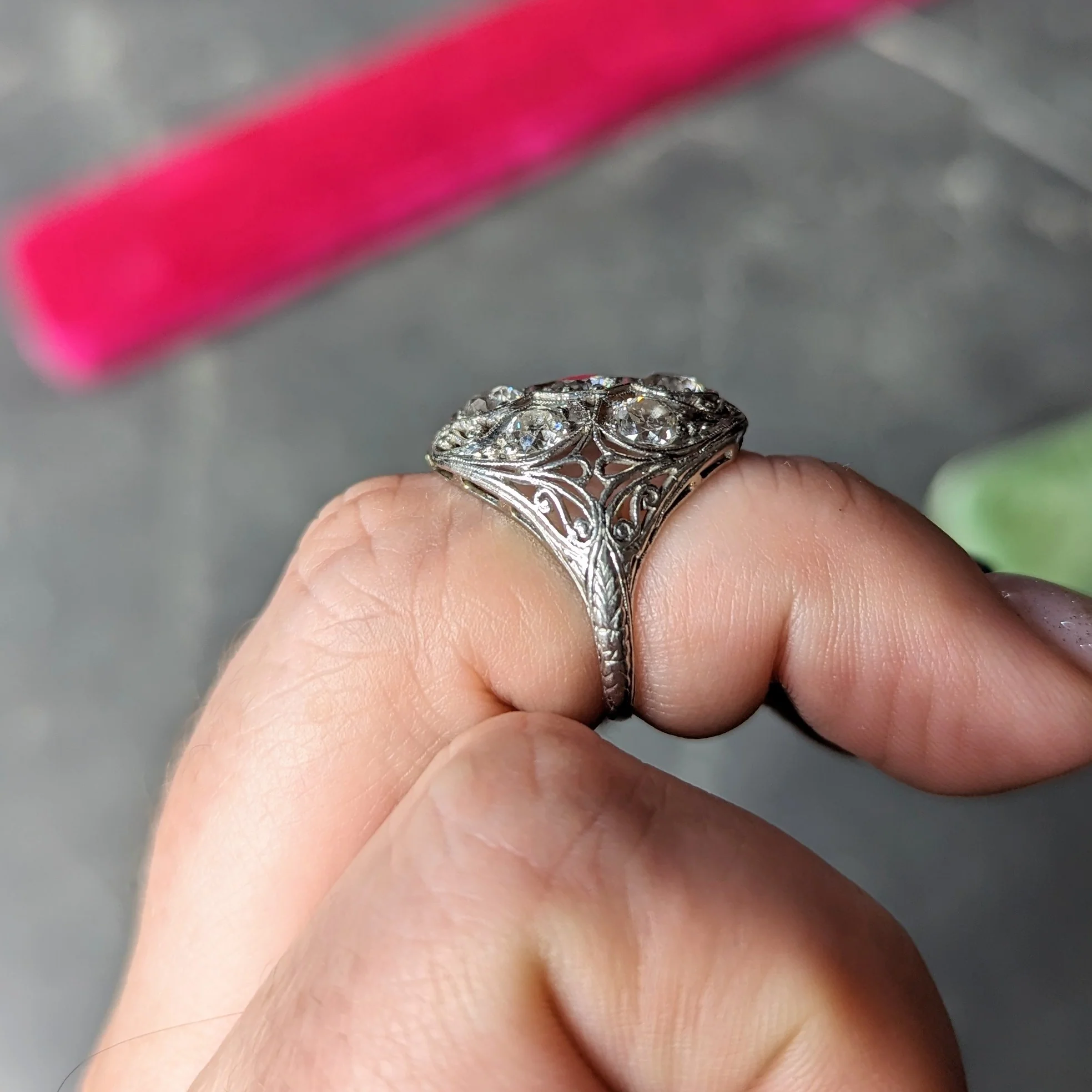 Edwardian 1.93 CTW Old European Cut Diamond Platinum Scrolling Antique Cluster Dinner Ring - Image 10