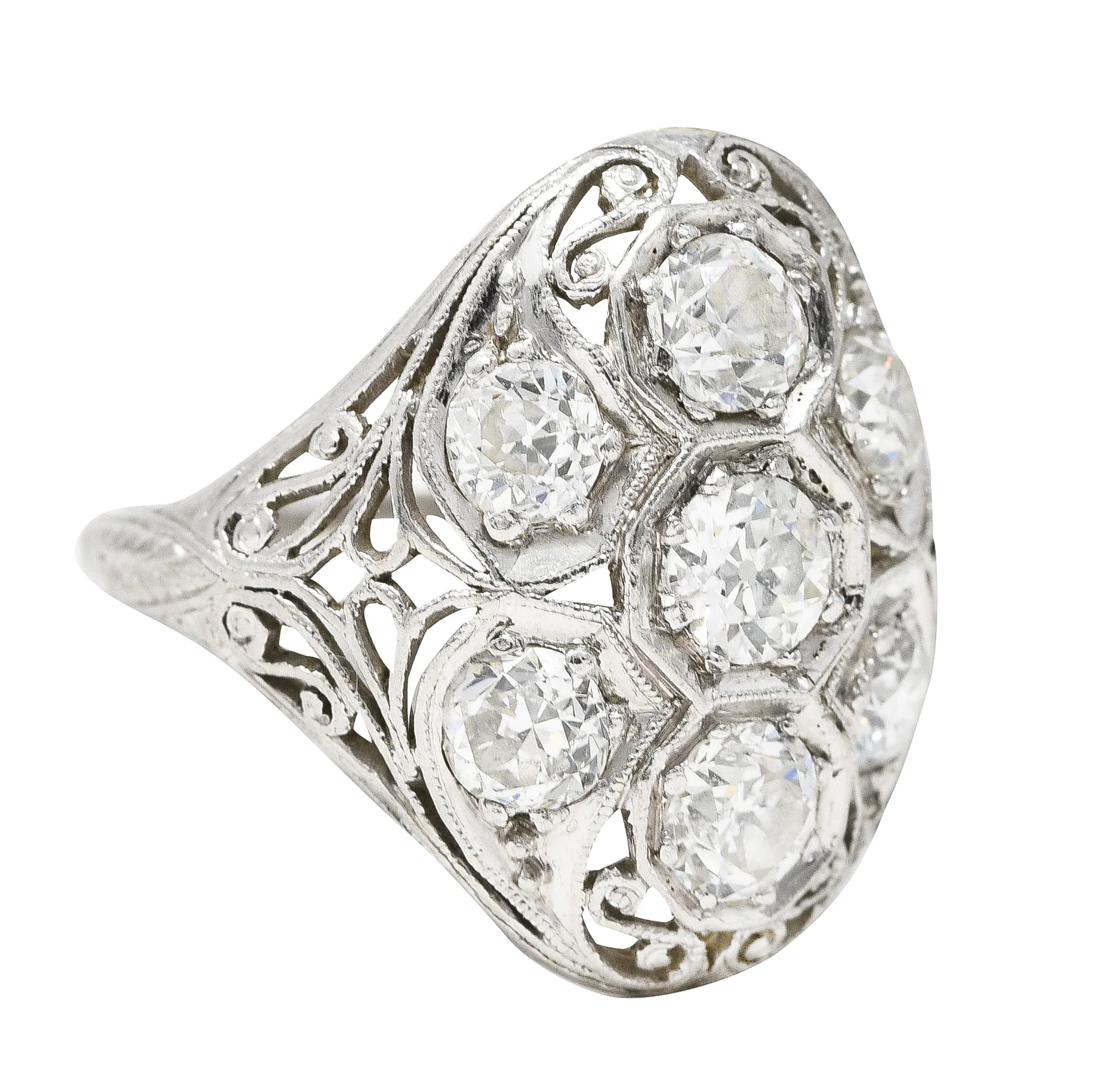 Edwardian 1.93 CTW Old European Cut Diamond Platinum Scrolling Antique Cluster Dinner Ring - Image 2