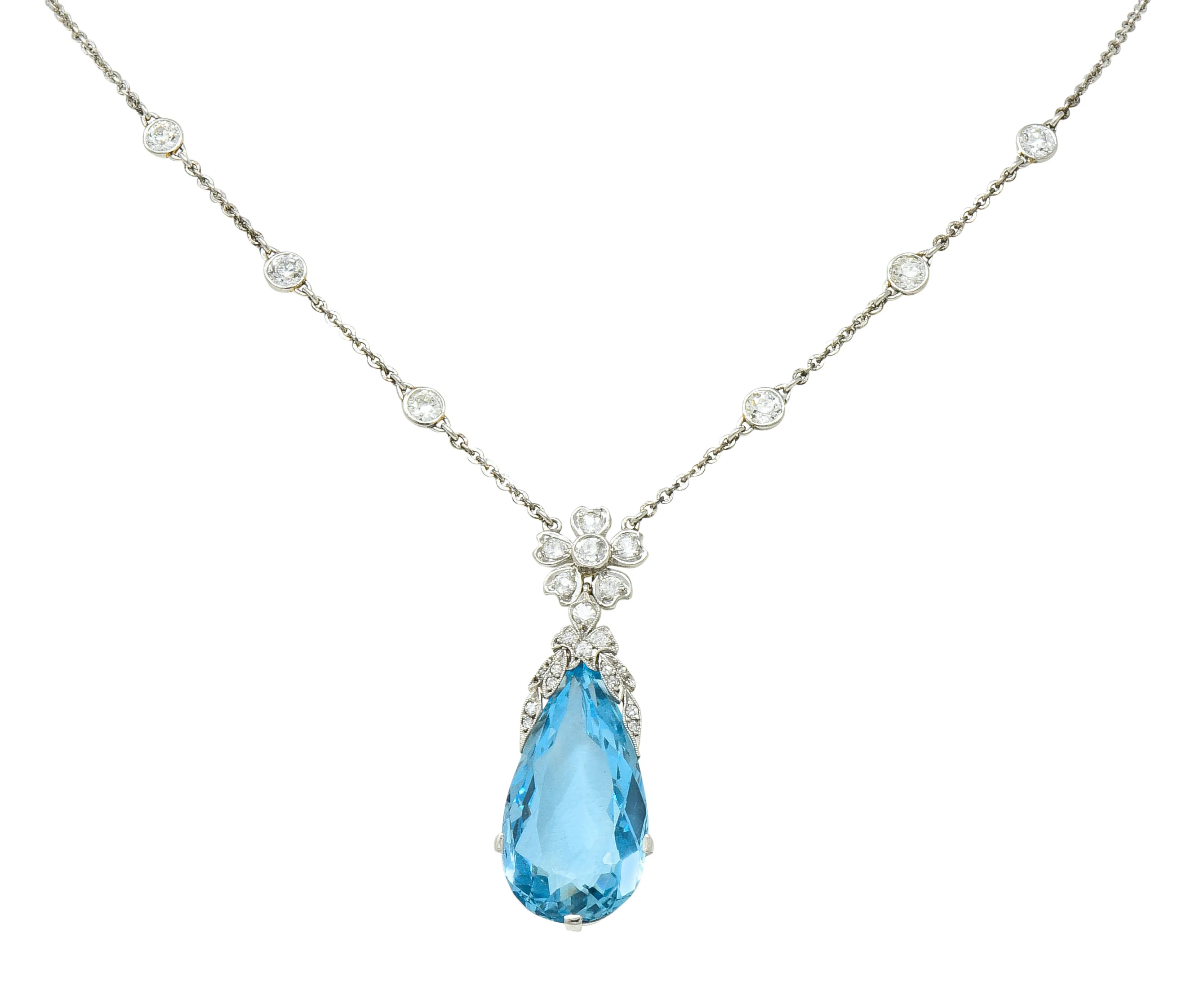 Edwardian 18.87 CTW Aquamarine Diamond Platinum Floral Drop Necklace