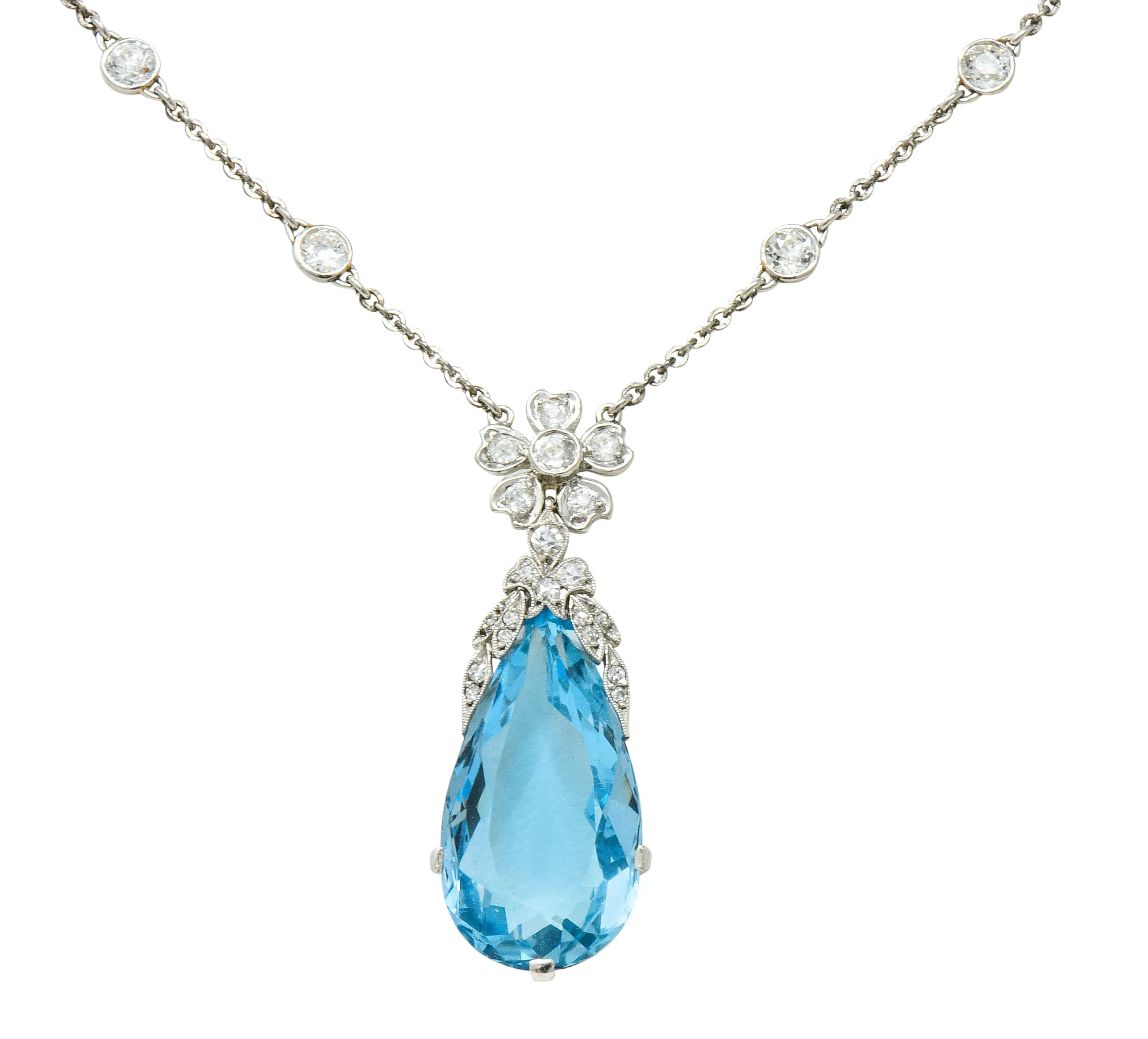 Edwardian 18.87 CTW Aquamarine Diamond Platinum Floral Drop Necklace - Image 2