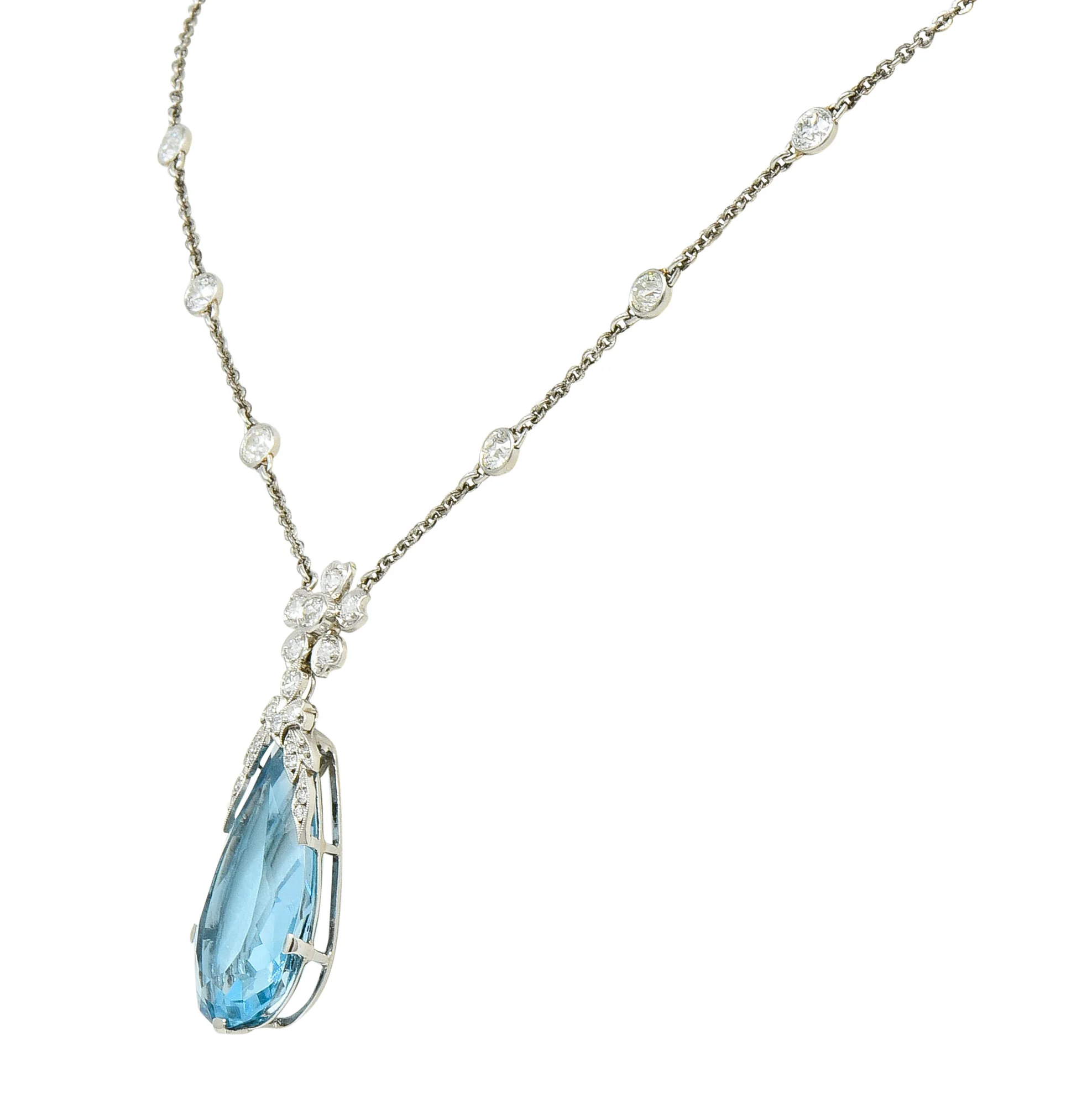 Edwardian 18.87 CTW Aquamarine Diamond Platinum Floral Drop Necklace - Image 3