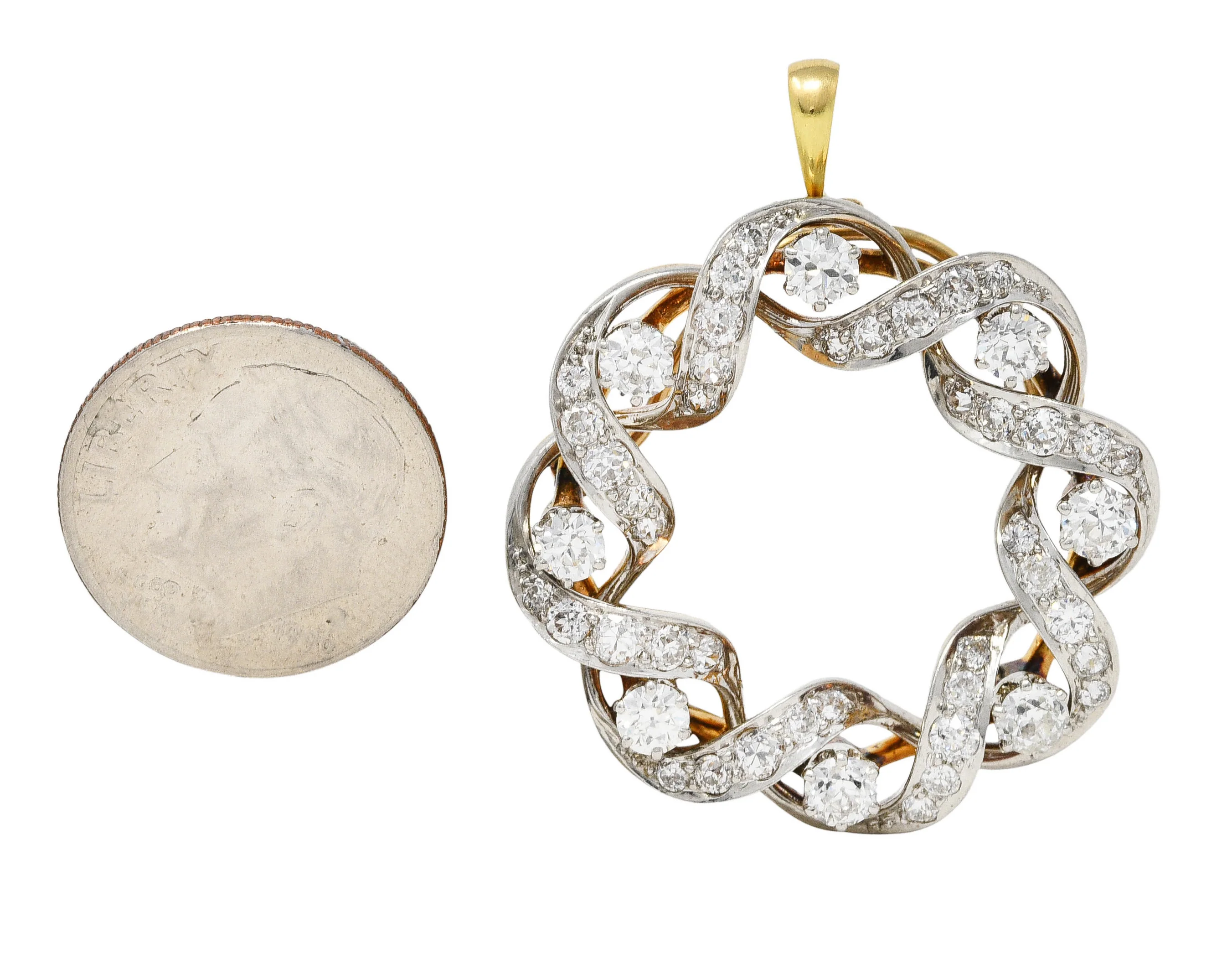 Edwardian 2.00 CTW Diamond Platinum-Topped 18 Karat Gold Wreath Pendant Brooch - Image 10