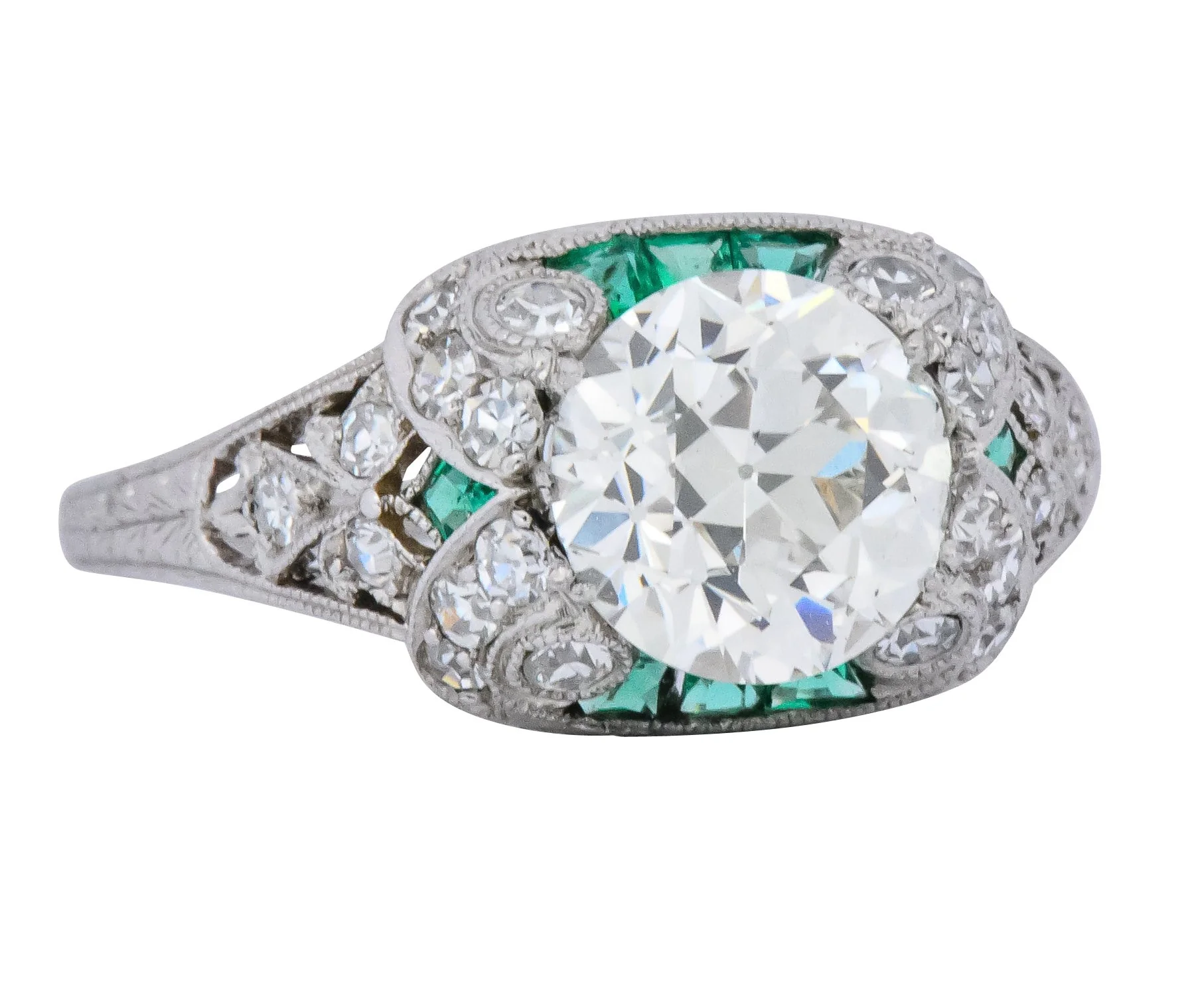 Edwardian 2.10 CTW Old European Diamond Emerald Platinum Engagement Ring GIA - Image 2