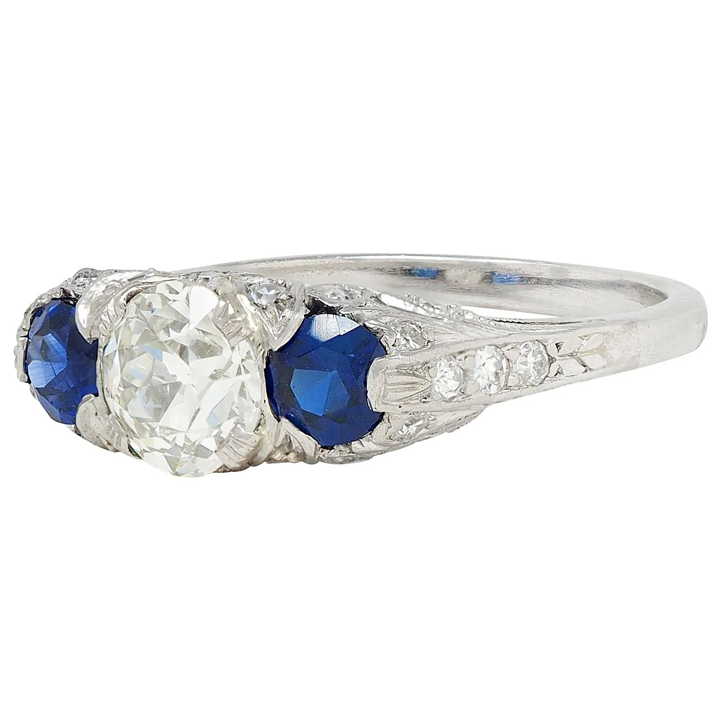 Edwardian 2.10 CTW Sapphire Diamond Platinum Antique Foliate Three Stone Ring - Image 6