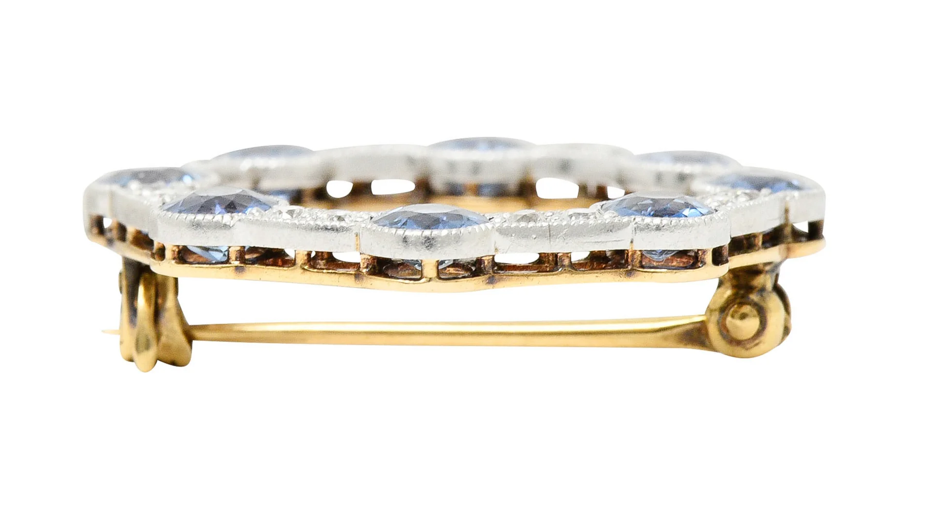 Edwardian 2.75 CTW Sapphire Diamond Platinum-Topped 14 Karat Gold Circular Brooch - Image 8