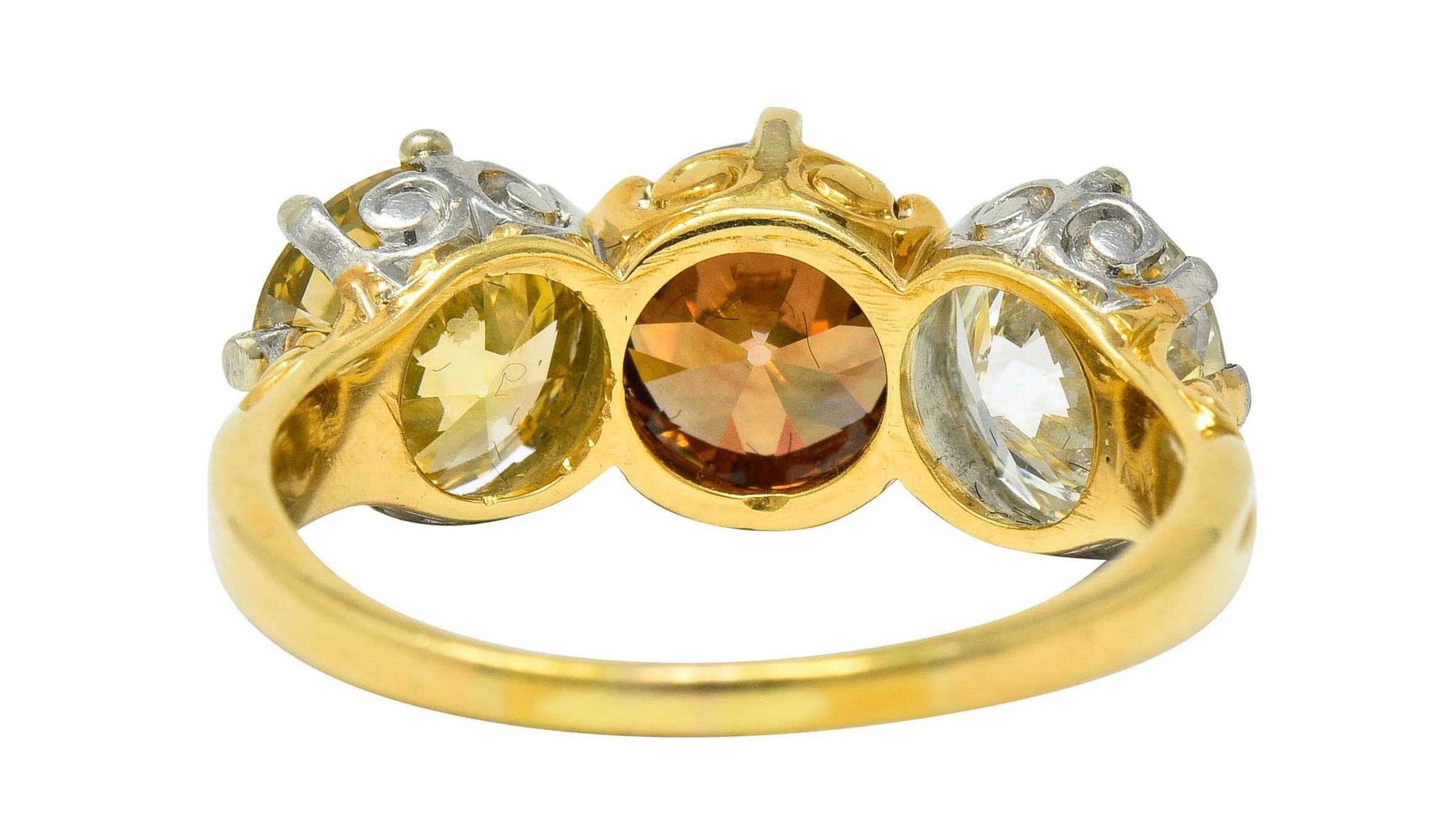 Edwardian 4.31 CTW Diamond & Fancy Diamond 18 Karat Gold Platinum Three Stone Ring - Image 5