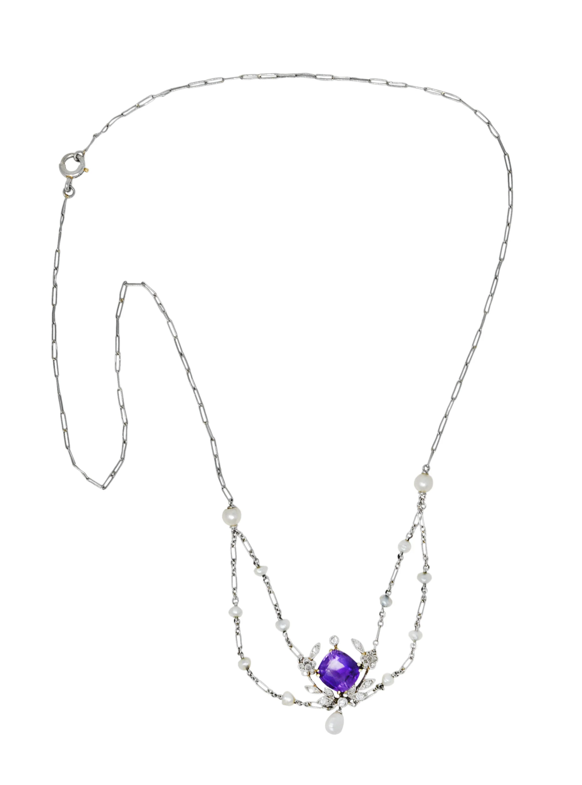 Edwardian Amethyst Diamond Pearl Platinum-Topped 18 Karat Gold Swag Necklace - Image 2