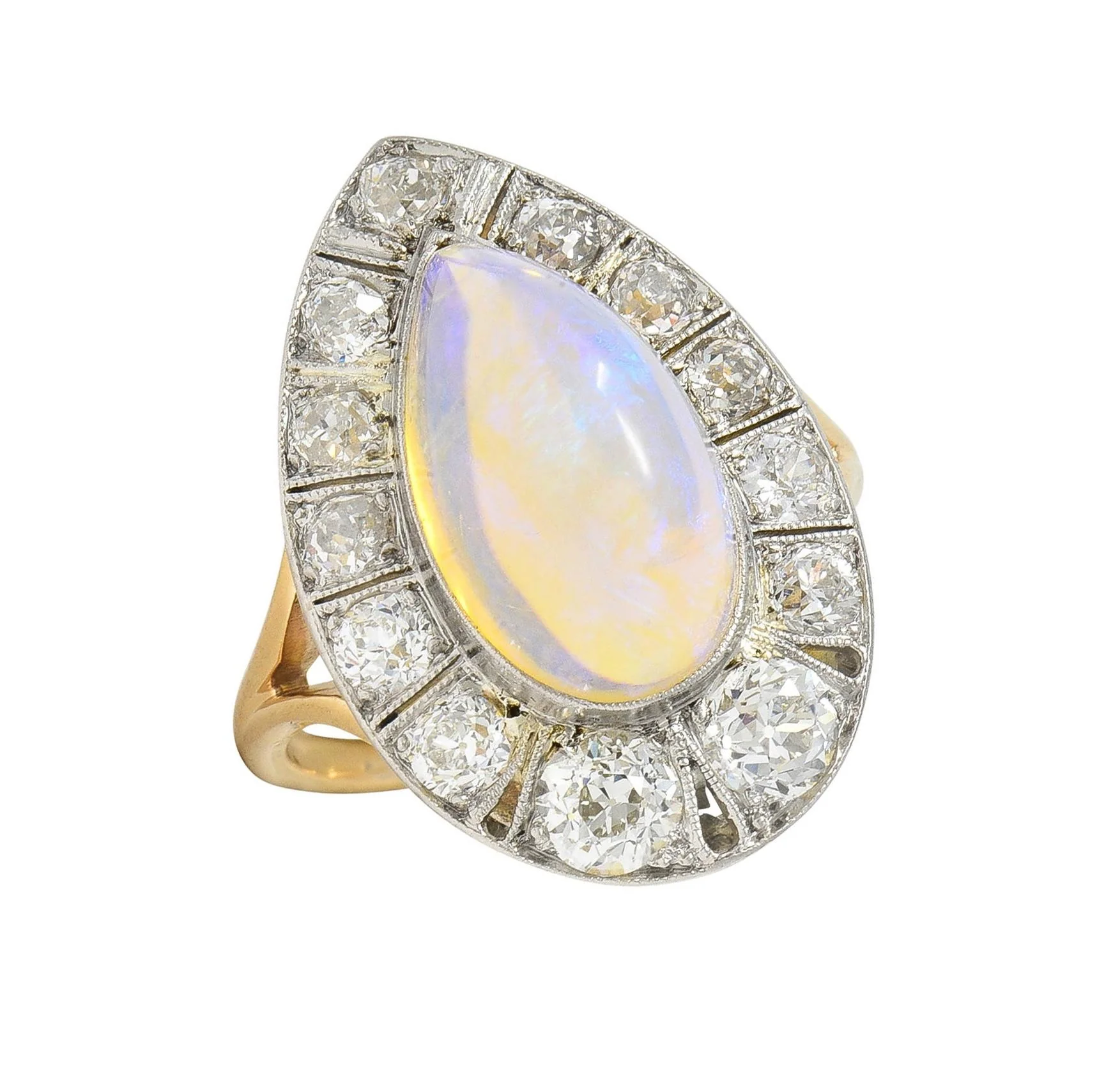 Edwardian Antique Pear Jelly Opal Diamond Platinum 14 Karat Gold Halo Ring - Image 15