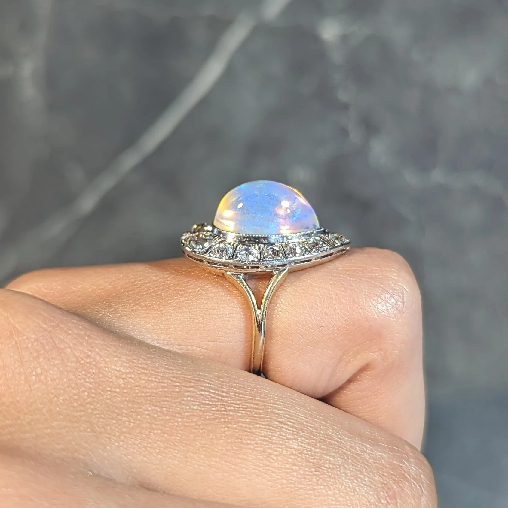 Edwardian Antique Pear Jelly Opal Diamond Platinum 14 Karat Gold Halo Ring - Image 18
