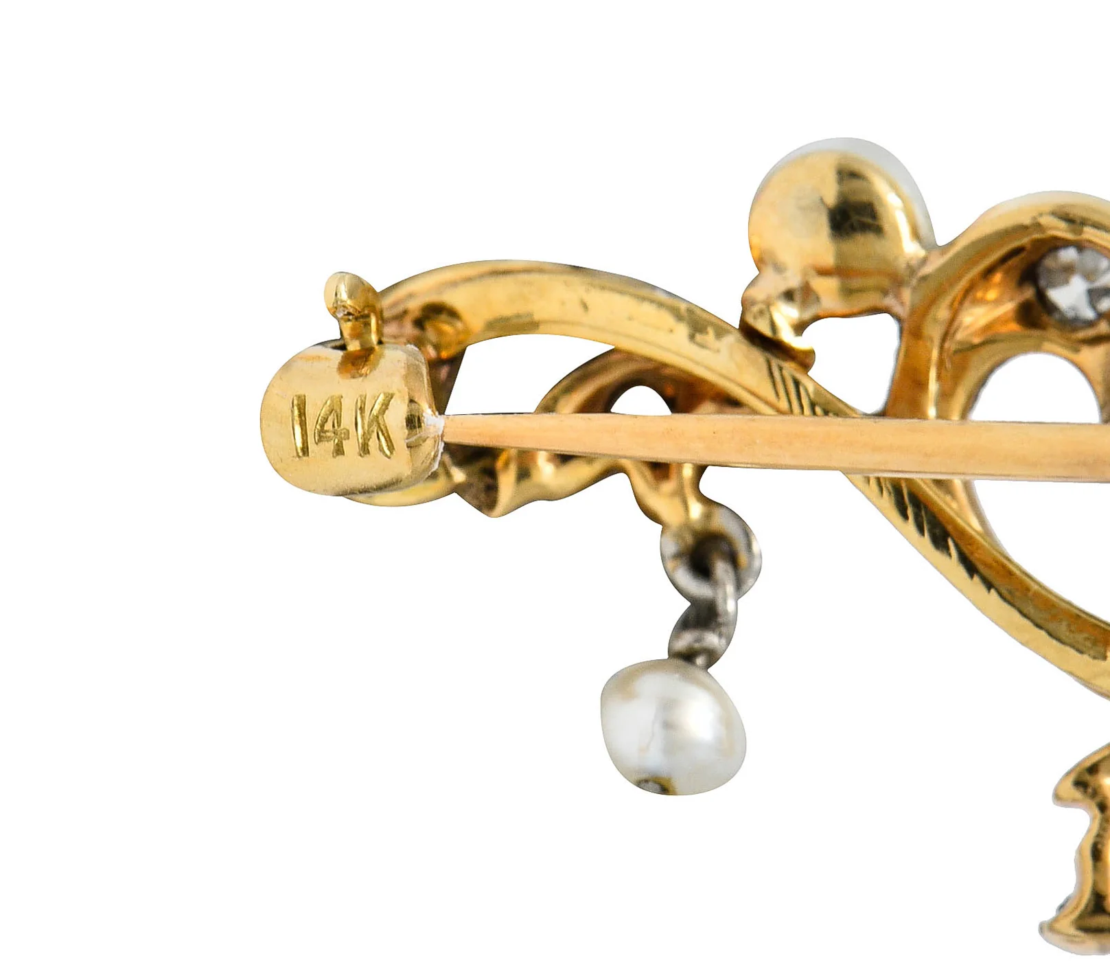 Edwardian Aquamarine Diamond Pearl Platinum-Topped 14 Karat Gold Brooch - Image 4