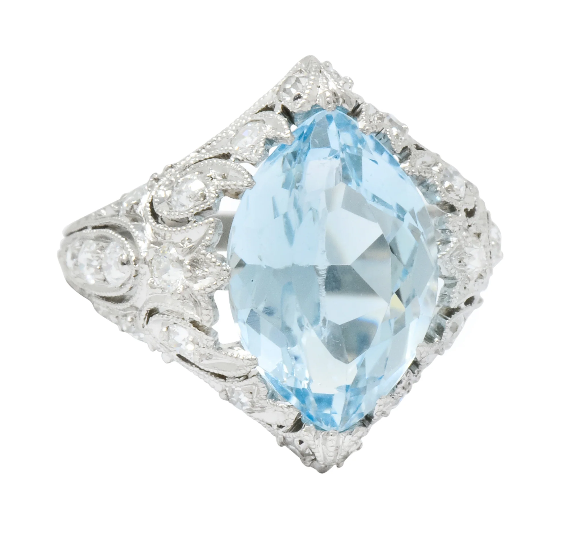 Edwardian Bailey Banks & Biddle 2.83 CTW Aquamarine Diamond Platinum Navette Ring