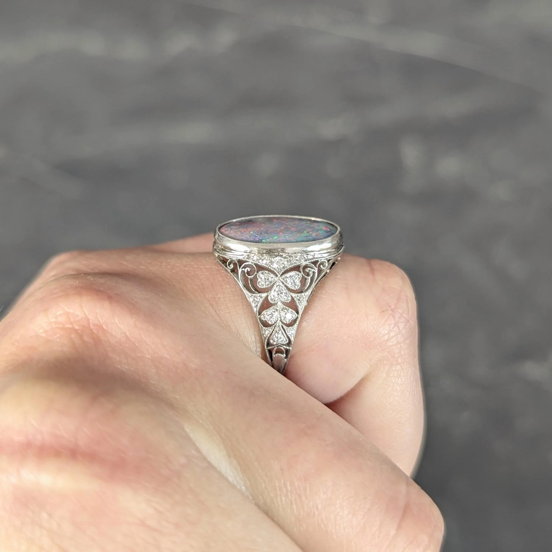 Edwardian Black Opal Diamond Platinum Antique Clover Dinner Ring - Image 15