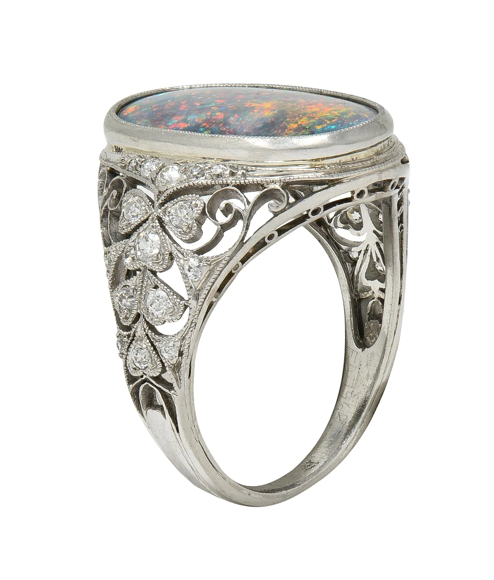Edwardian Black Opal Diamond Platinum Antique Clover Dinner Ring - Image 3
