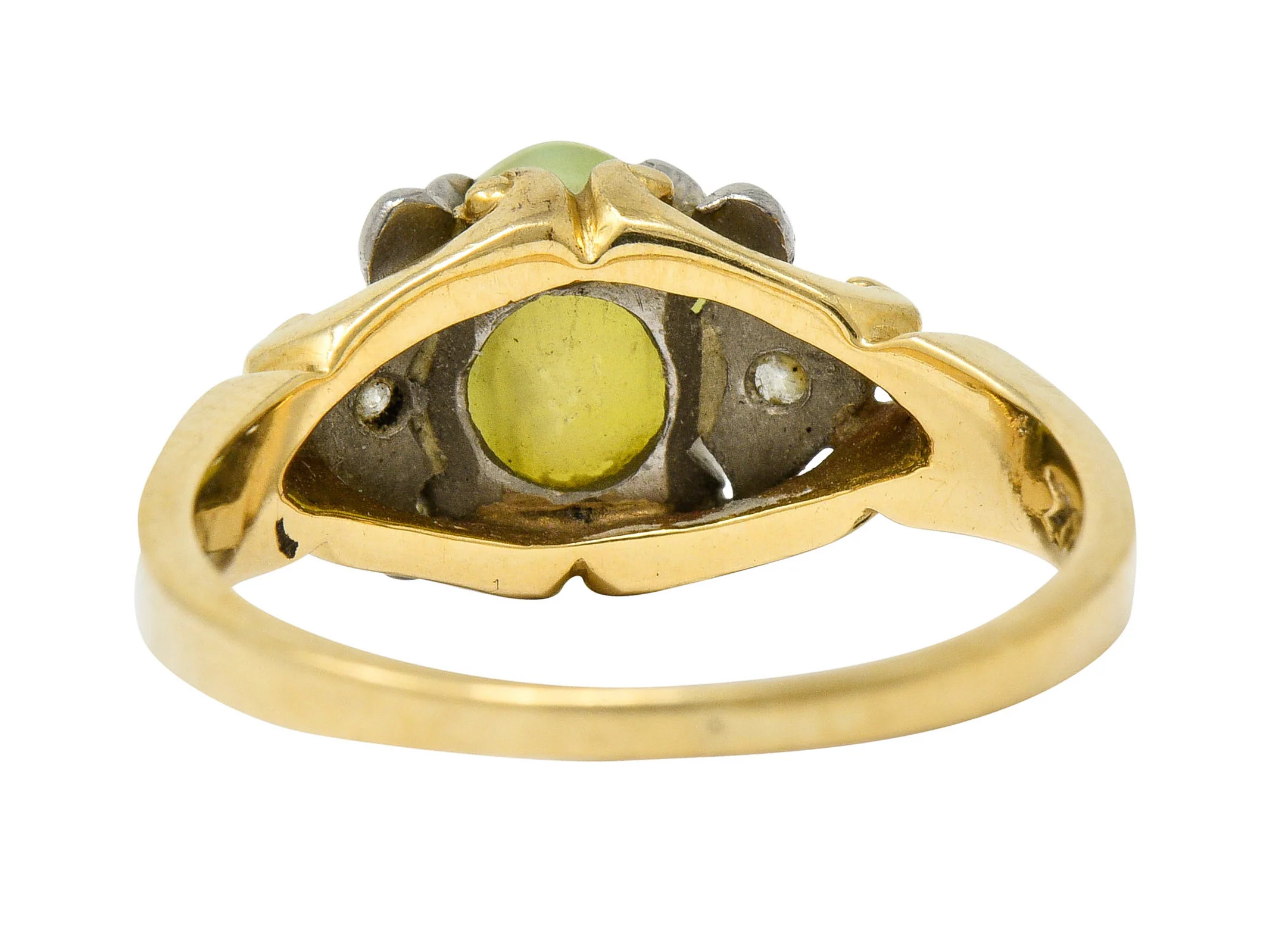 Edwardian Cat's Eye Chrysoberyl Diamond Platinum-Topped 14 Karat Gold Ring - Image 5
