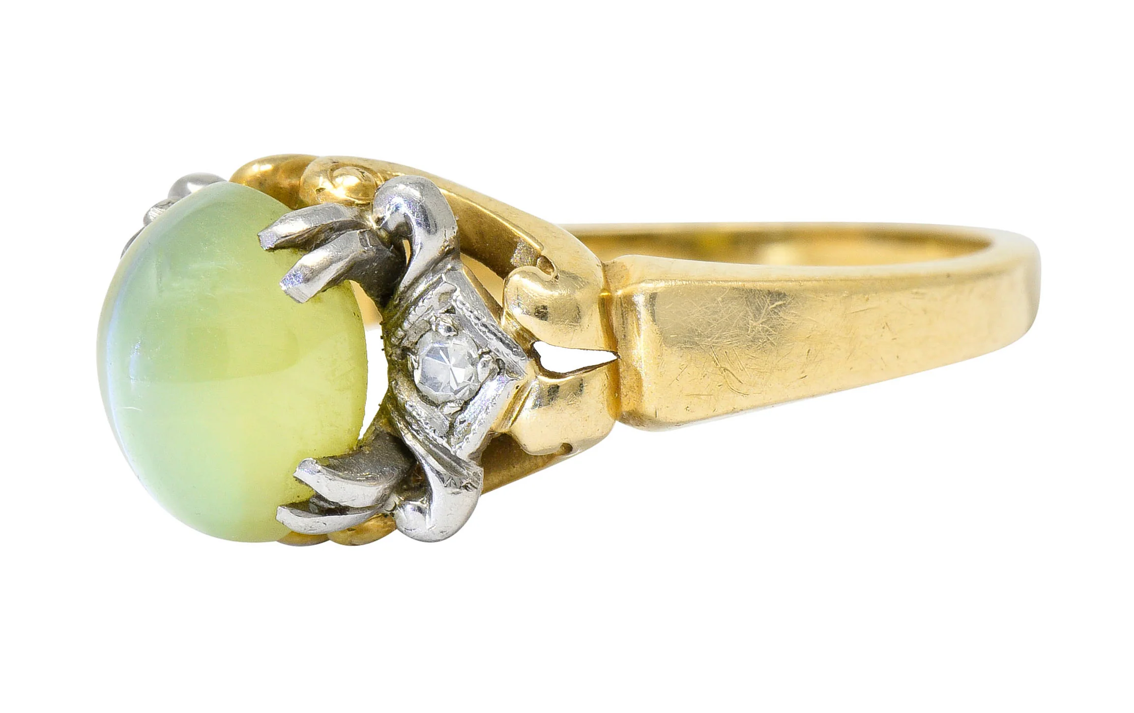 Edwardian Cat's Eye Chrysoberyl Diamond Platinum-Topped 14 Karat Gold Ring - Image 7