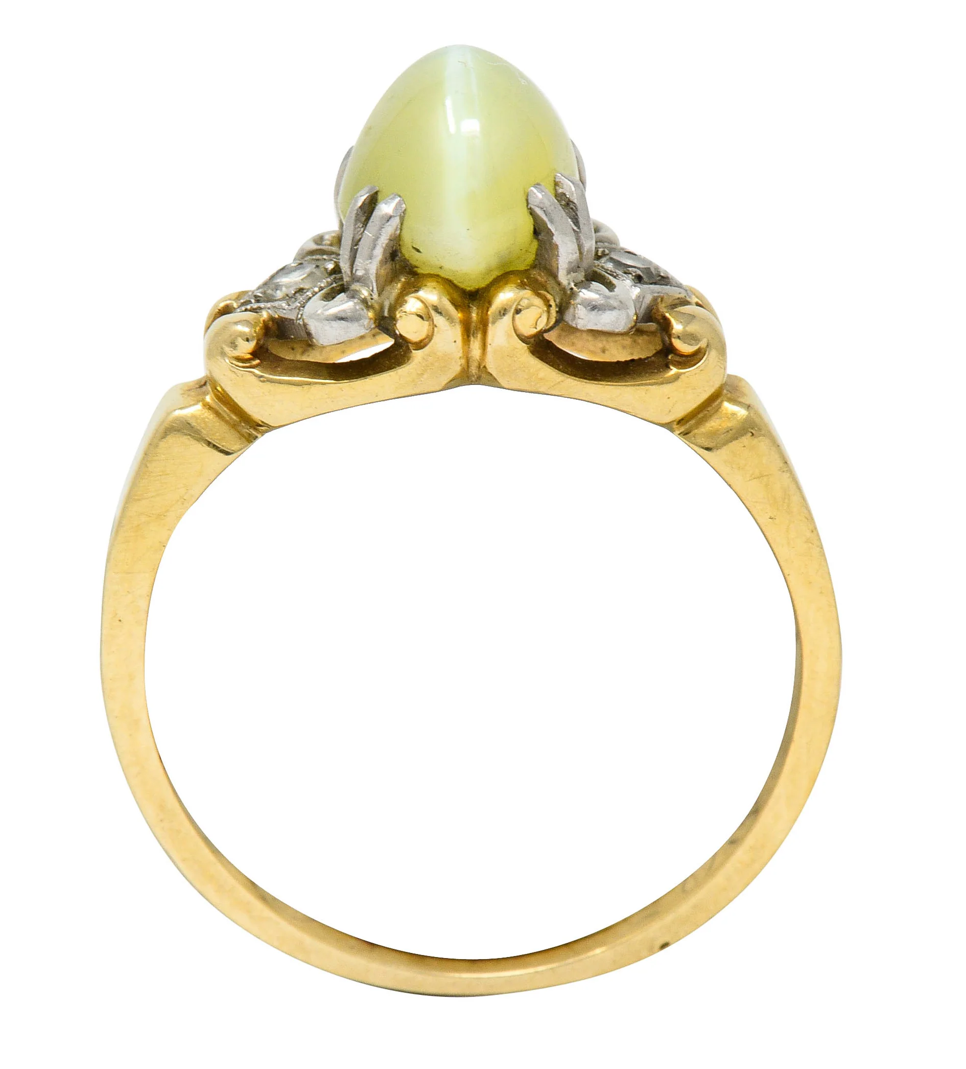 Edwardian Cat's Eye Chrysoberyl Diamond Platinum-Topped 14 Karat Gold Ring - Image 9