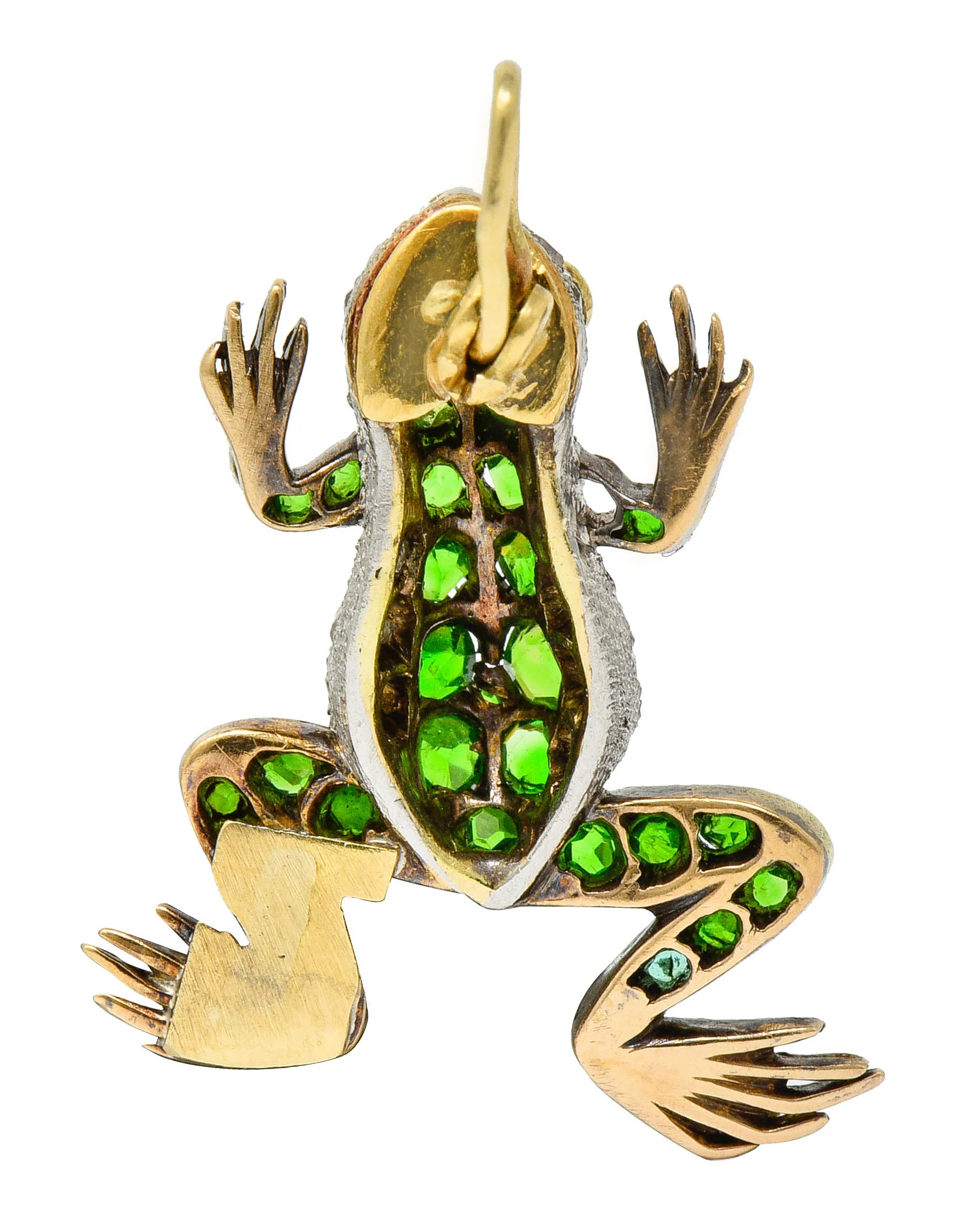 Edwardian Demantoid Garnet Diamond Platinum-Topped 18 Karat Gold Frog Charm - Image 4
