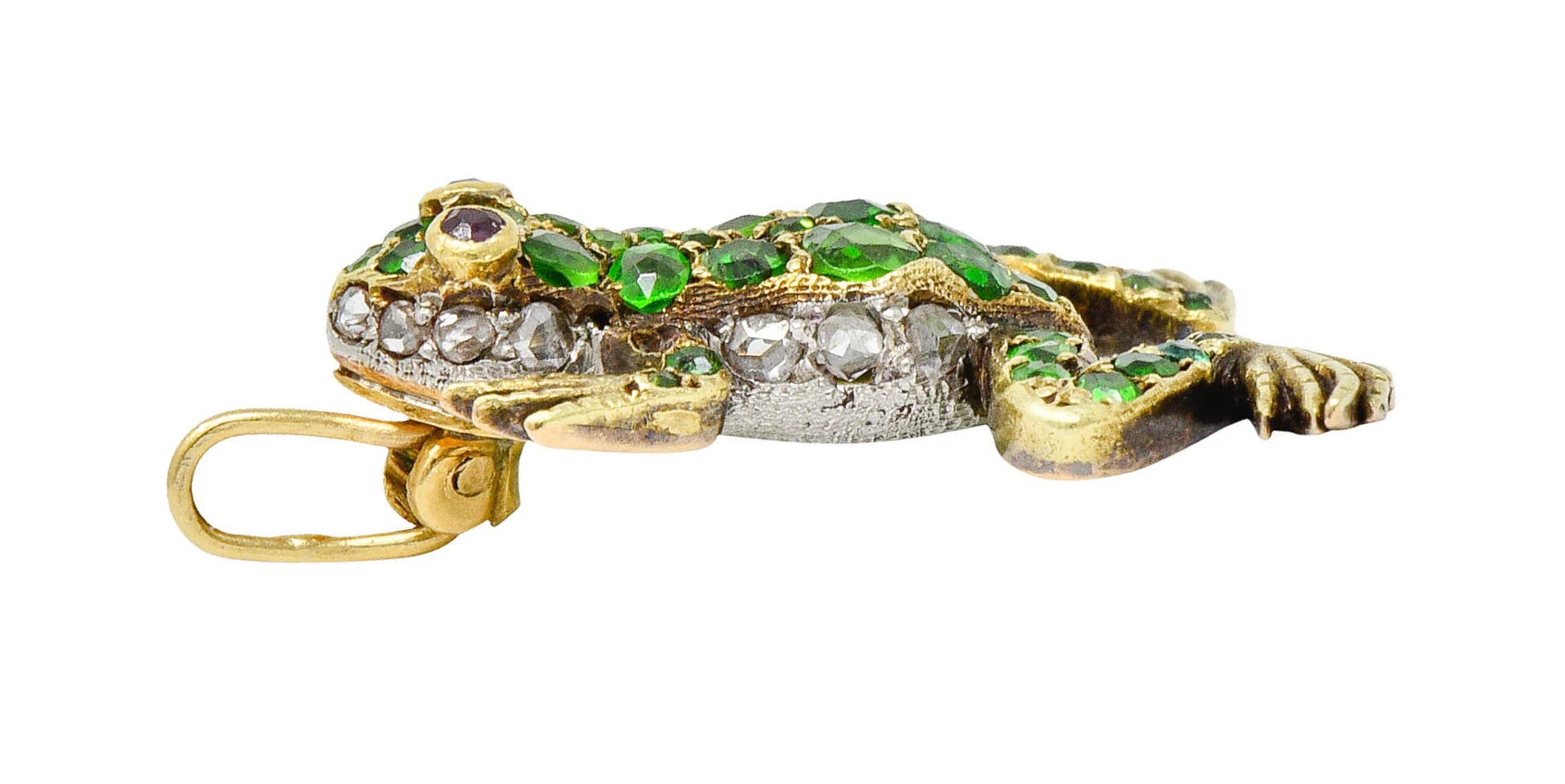 Edwardian Demantoid Garnet Diamond Platinum-Topped 18 Karat Gold Frog Charm - Image 7