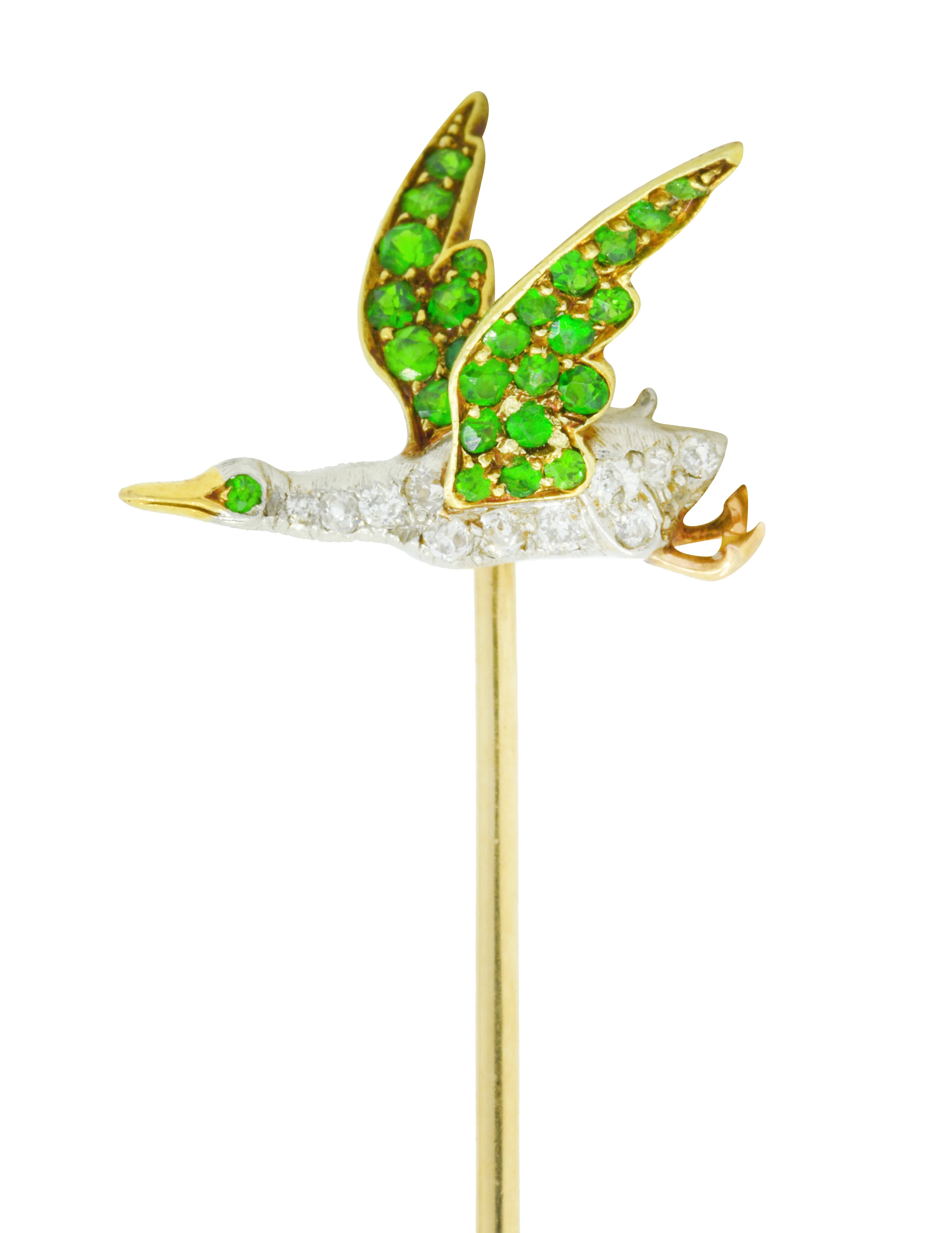 Edwardian Diamond Demantoid Garnet Platinum-Topped 18 Karat Gold Goose Stickpin